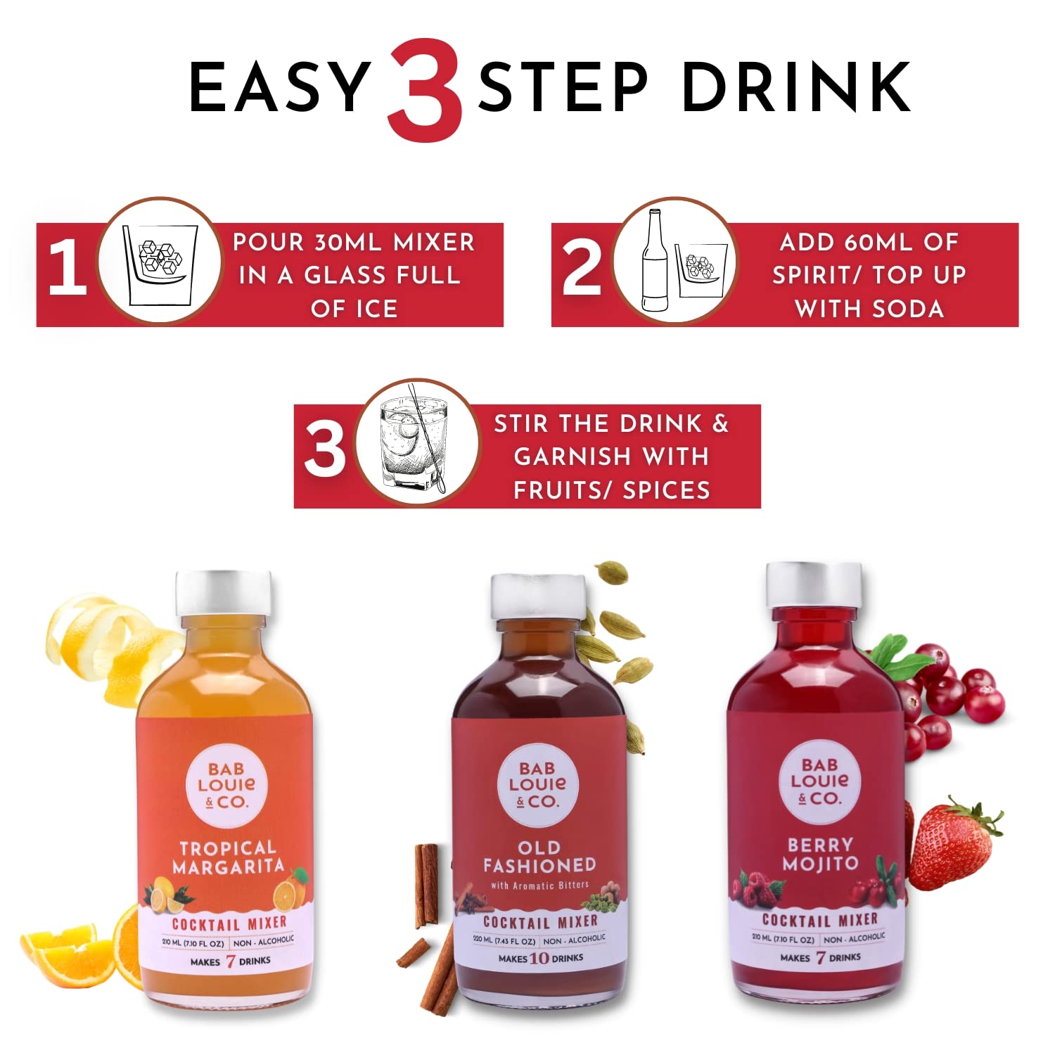 Bab Louie & Co. Cocktail Mix, Old Fashioned, Berry Mojito & Tropical Margarita, 100% Natural, Cocktail and Mocktail Syrup, Makes 7-10 Drinks (Pack of 3) - Image 2 thumbnail