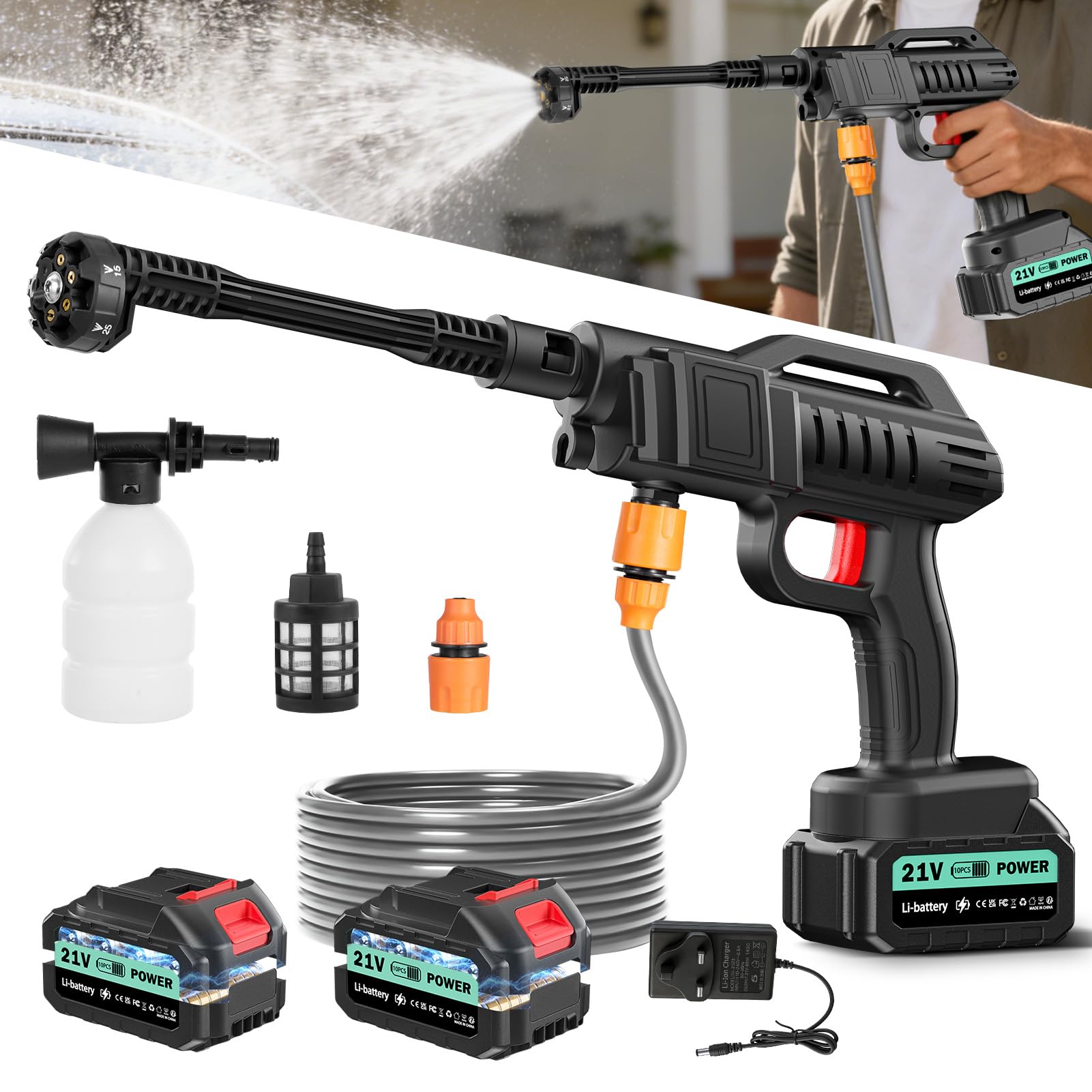 Sararoom - Limpiador de alta presión inalámbrico (máximo 80 bar, 270 l/h, pistola de alta presión con batería, portátil a presión Washer | 2 baterías, boquilla ajustable 6 en 1, manguera 5 m, para