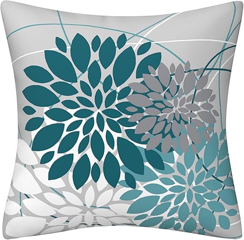 Miniatura 4 de Juego de 2 fundas de almohada de dalia verde azulado de 18 x 18 pulgadas, para primavera y verano, color gris, turquesa, geométrica, línea floral,