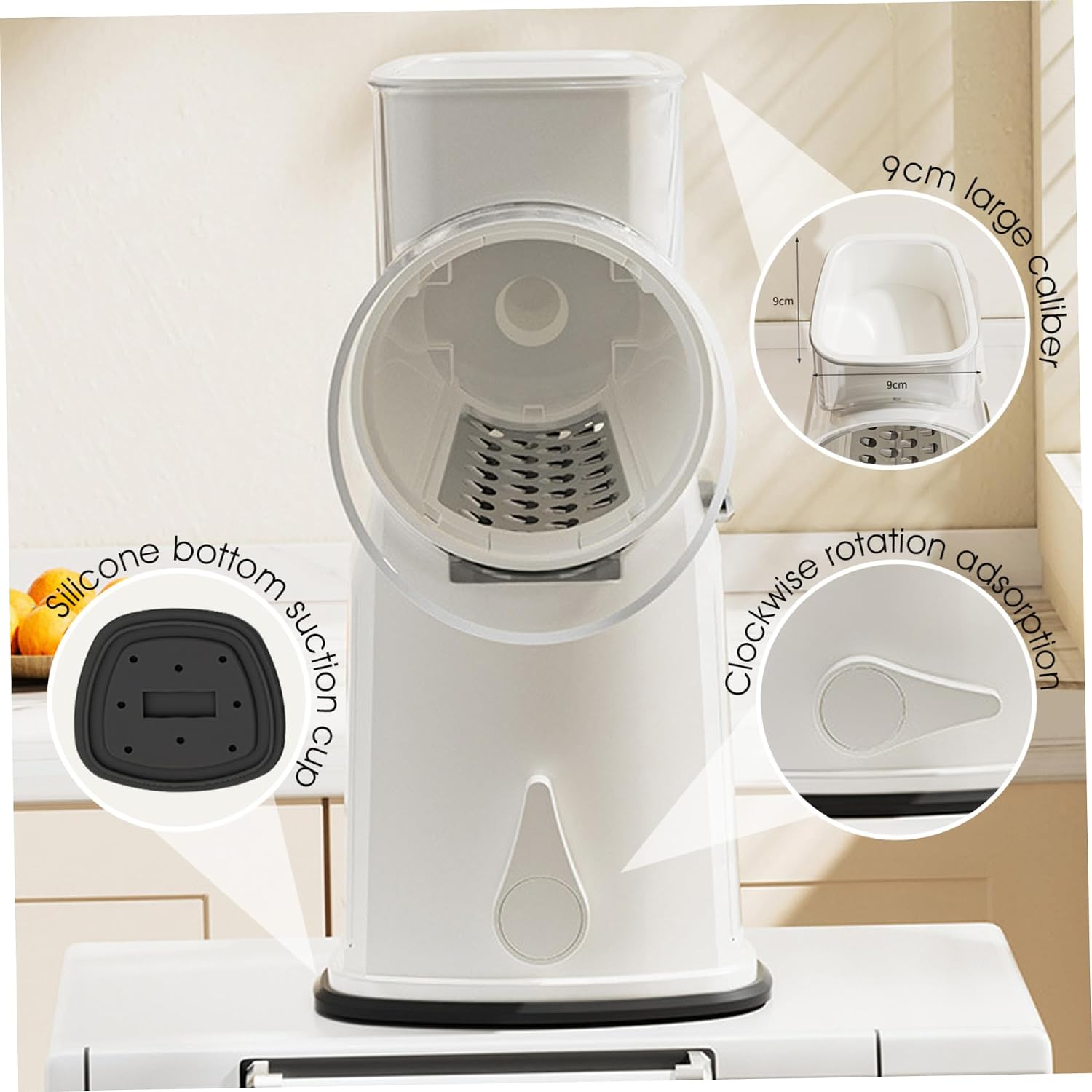 5 in 1 Rotary Cheese Grater Vegetable Slicer, Hand Crank Operation with Suction Base, 10-Blade Safe Mandoline with Splash Guard, Professional Kitchen Tool White, Indoor Decorations
