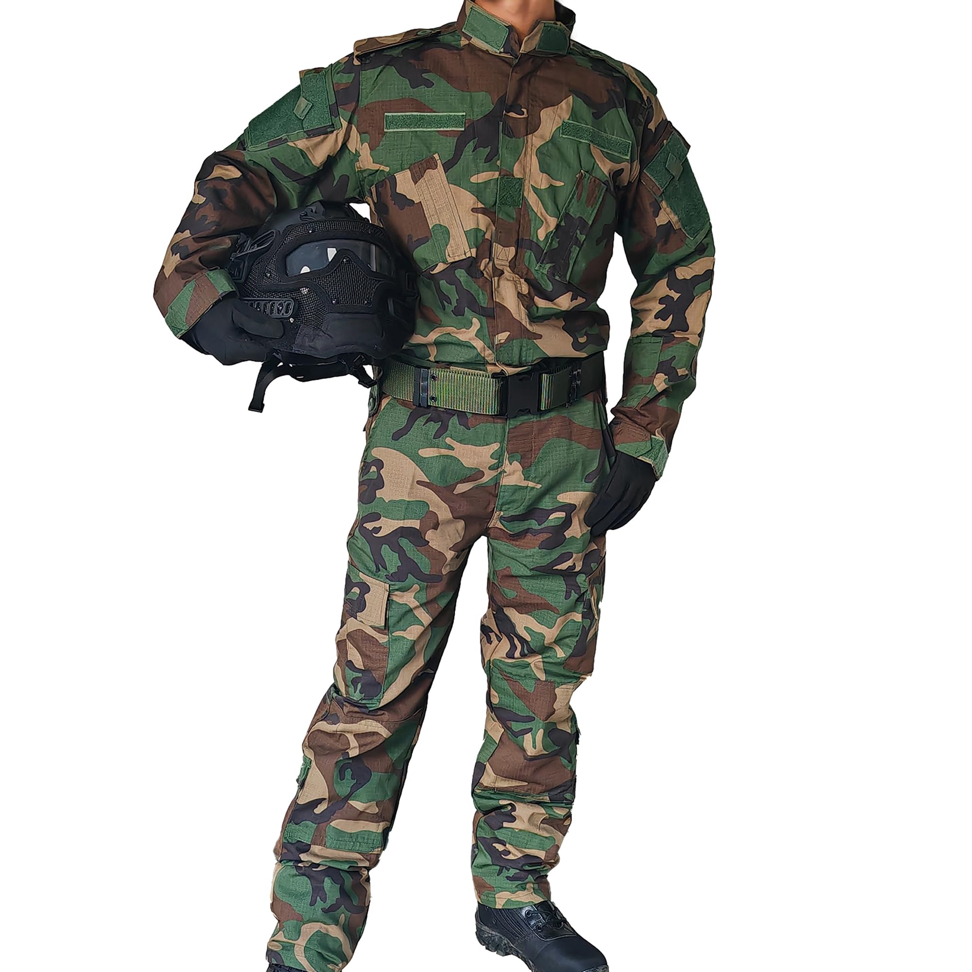 H World Shopping Military Tactical Mens Hunting Combat BDU Uniform Suit Shirt & Pants with Belt Woodland Camo