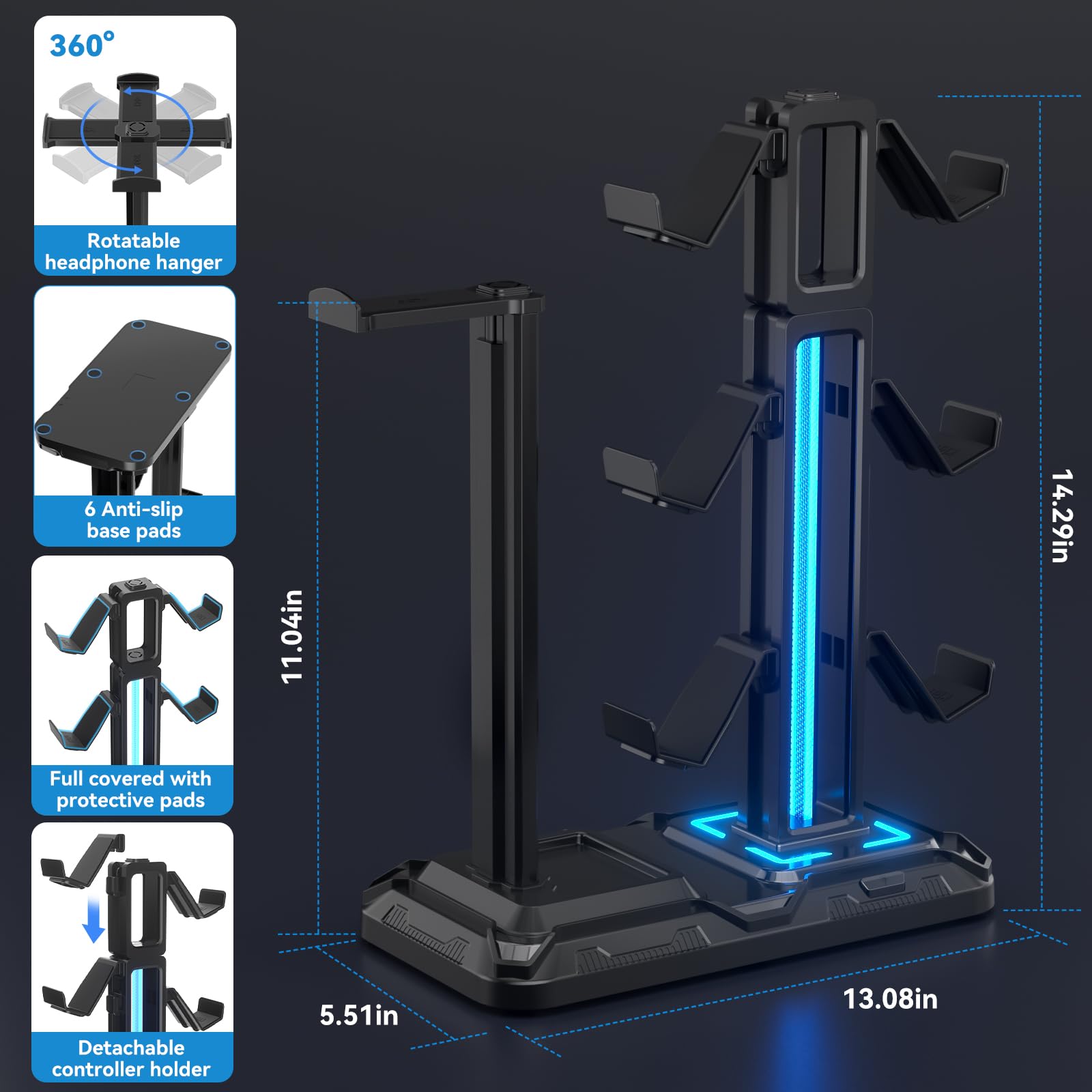 KDD Supporto Controller e Cuffie Gaming da Scrivania con 9 Modalità di Illuminazione e Gancio per Cuffie Ruotabile, Porta Controller con 6 Ganci Staccabili per PC Desktop Accessori Gaming Nero