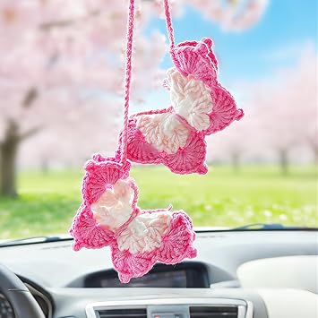 Handmade Crochet Car Hanging Ornament Butterfly Boho Charm Accessories Handcrafted Knit Decor Healing Gift for Women Girls Cute Rear View Mirror Pendant Decoration Pink
