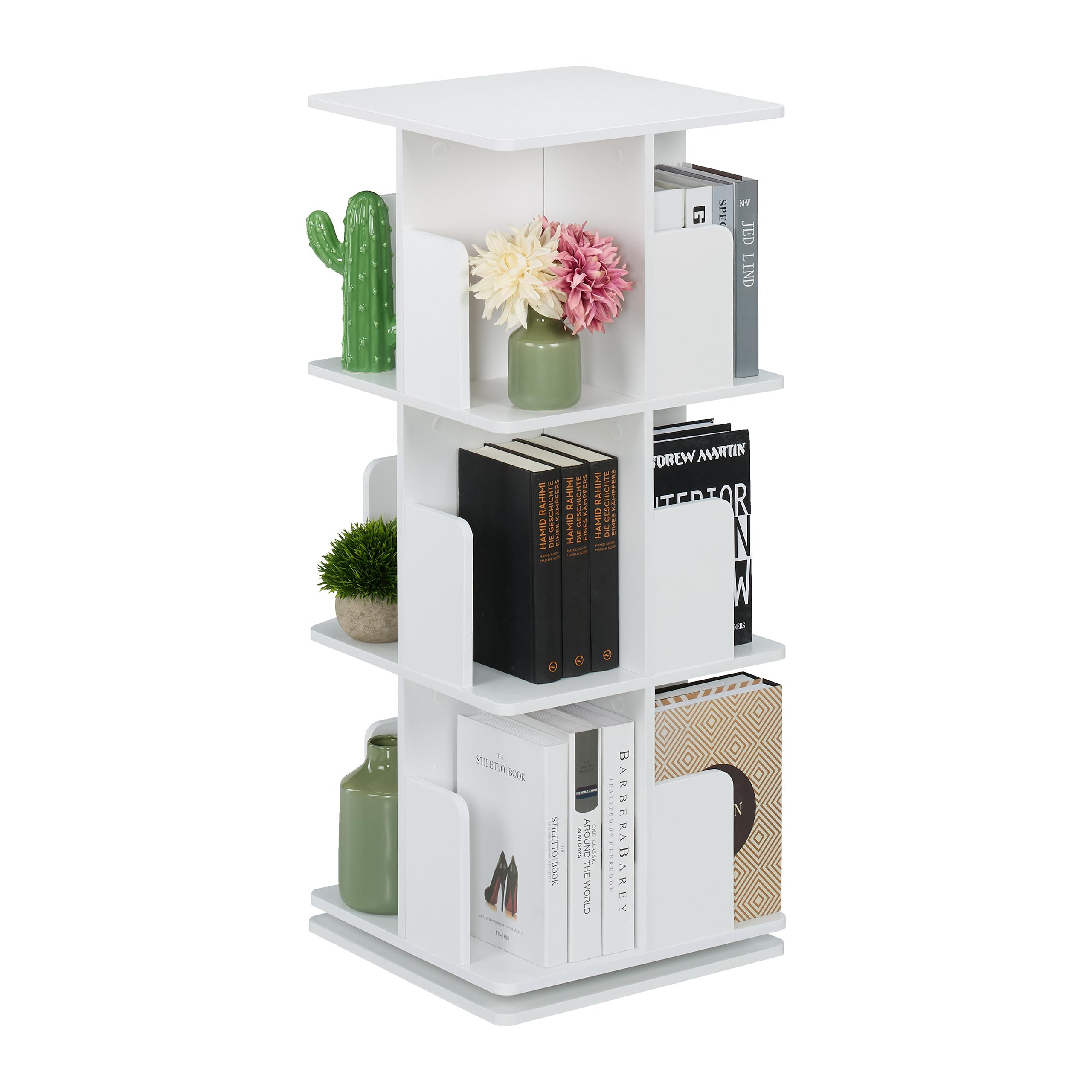 Relaxdays Rotating Bookcase, 360-Degree Swivel, 3-Tier Bookshelf, HWD: 95 x 39 x 39 cm, Living Room Storage, White