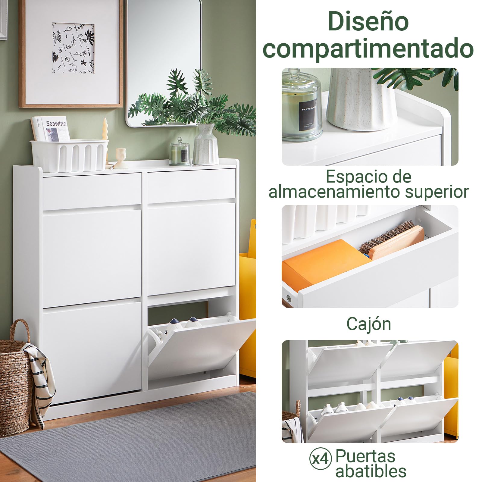 SoBuy Zapatero Entrada Recibidor Estrecho - Mueble Zapatero con 4 Solapas y 2 Cajones – Gran Capacidad- Organizador Estrecho para Pasillo y Entrada - Blanco 98x19x95cm FSR169-W