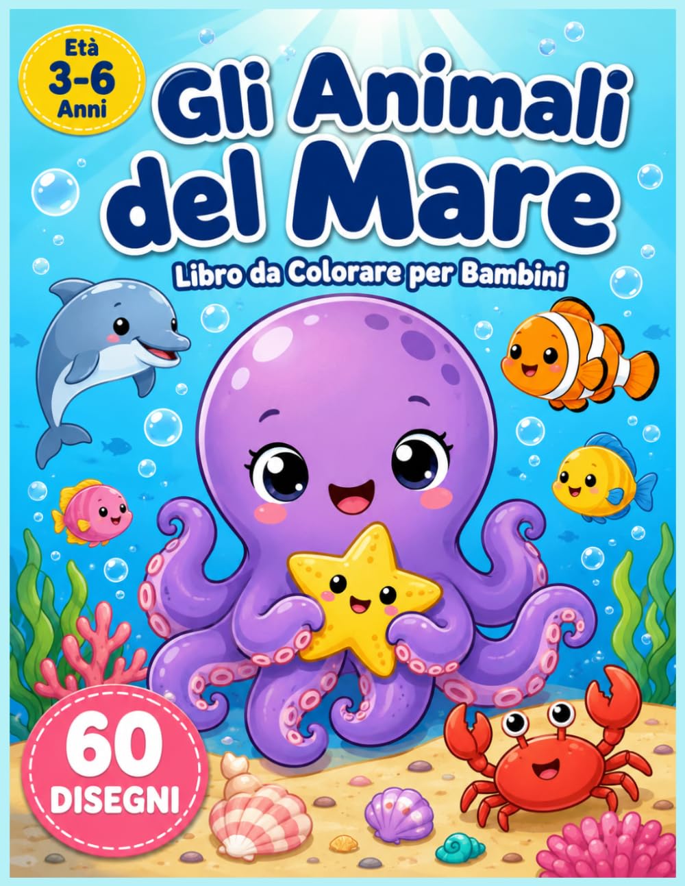 Gli Amici del Mare — Libro da Colorare Kawaii per Bambini: 60 Simpatici Disegni di Animali Marini da Colorare — Per Bambini da 3 a 6 Anni. Polpi, Delfini, Granchi e Stelle Marine