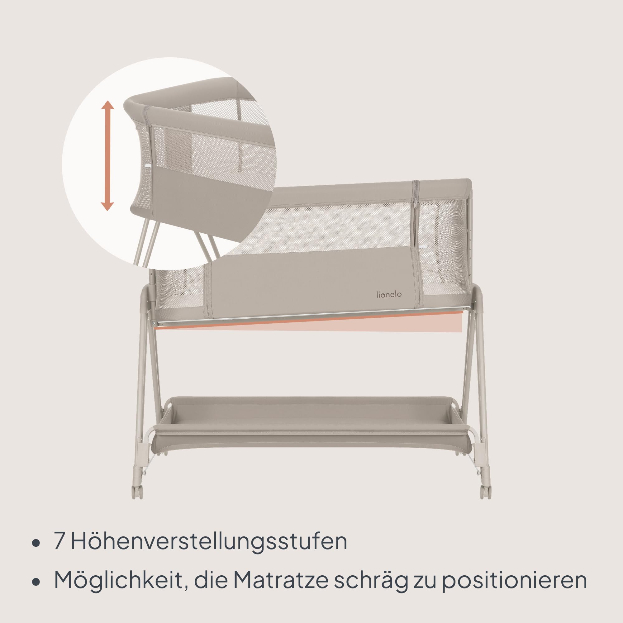 Lionelo Luna EIN tragbares Beistellbett mit Matratze, Reisebett, von Neugeborenen bis 9 kg, höhen- und neigungsverstellbar, 4 Räder mit Bremse, Befestigung am Elternbett