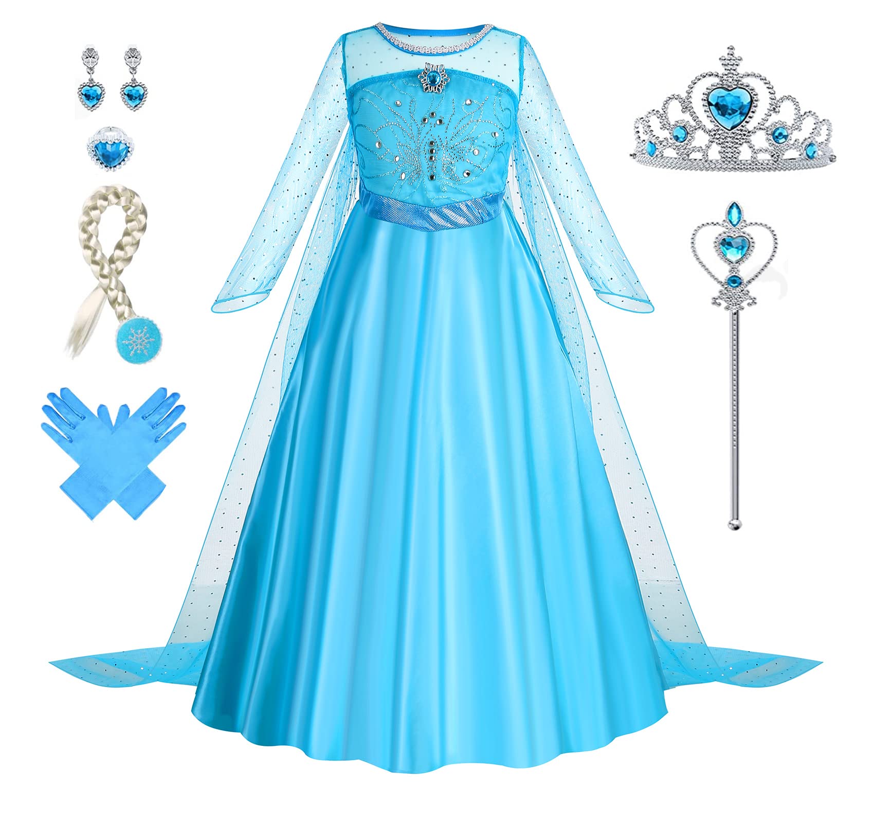 Foierp Disfraz de Elsa Niña - Vestito de Princesa Elsa con Accesorios de Tiara Elsa, Traje de Princesa de Nieve, Disfraces Fiesta Cumpleaños Halloween Cosplay Carnaval