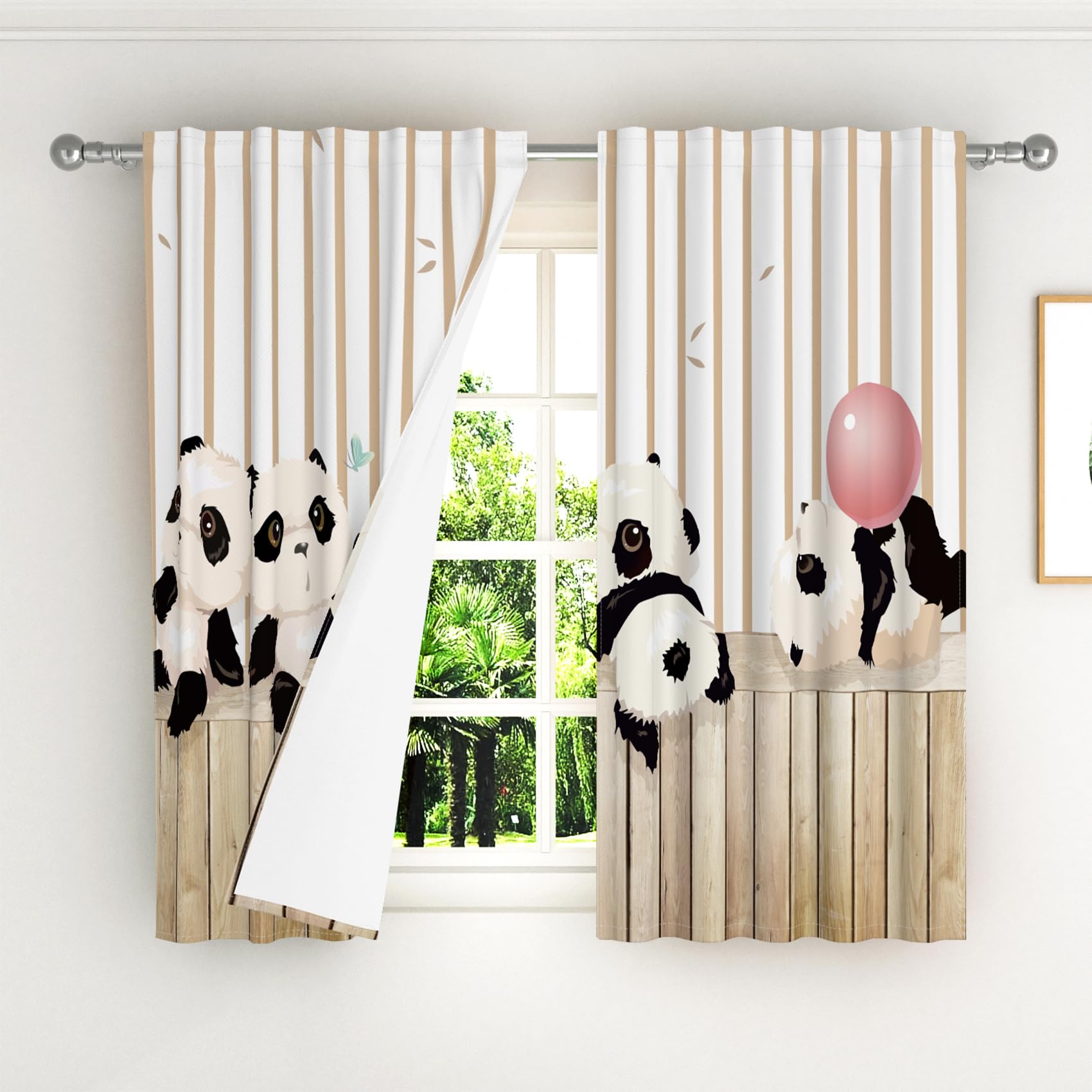 Kzzfqxb 117x138cm Kids Curtains 2 Panels, Adorable Naughty Baby Pandas Climbing Bamboo Fences Rod Pocket Window Drapes - Image 3