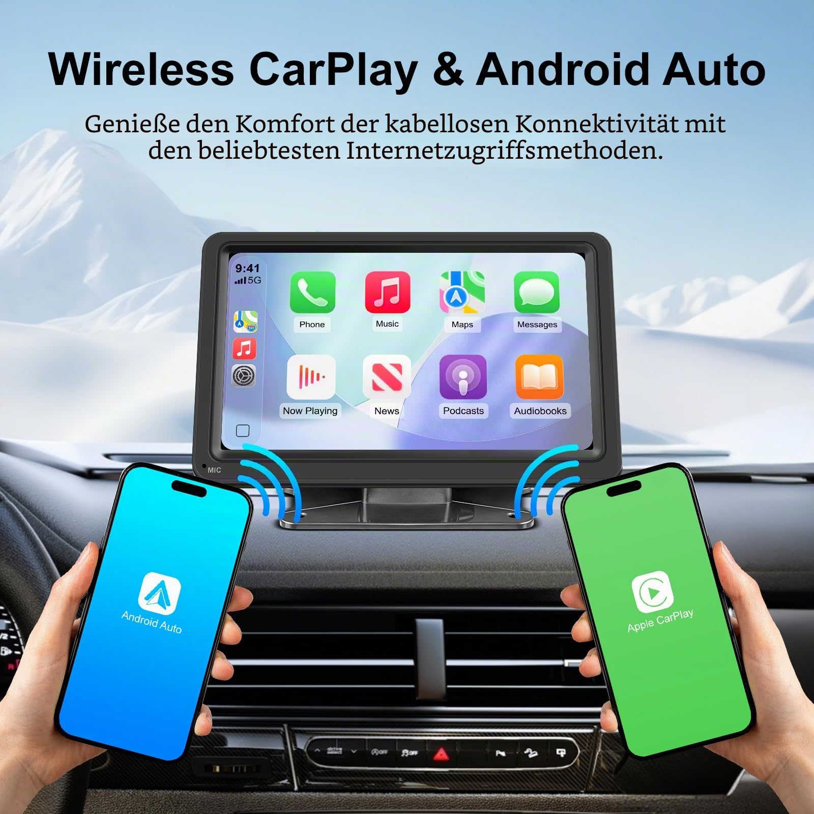 7 Zoll Tragbarer CarPlay Bildschirm mit Wireless Android Auto IPS Display | Mirror Link Tag-Nacht-Modus Bluetooth FM Transmitter AUX Eingang 12-24V Fahrzeuge und kompaktes Design für einfache Montage