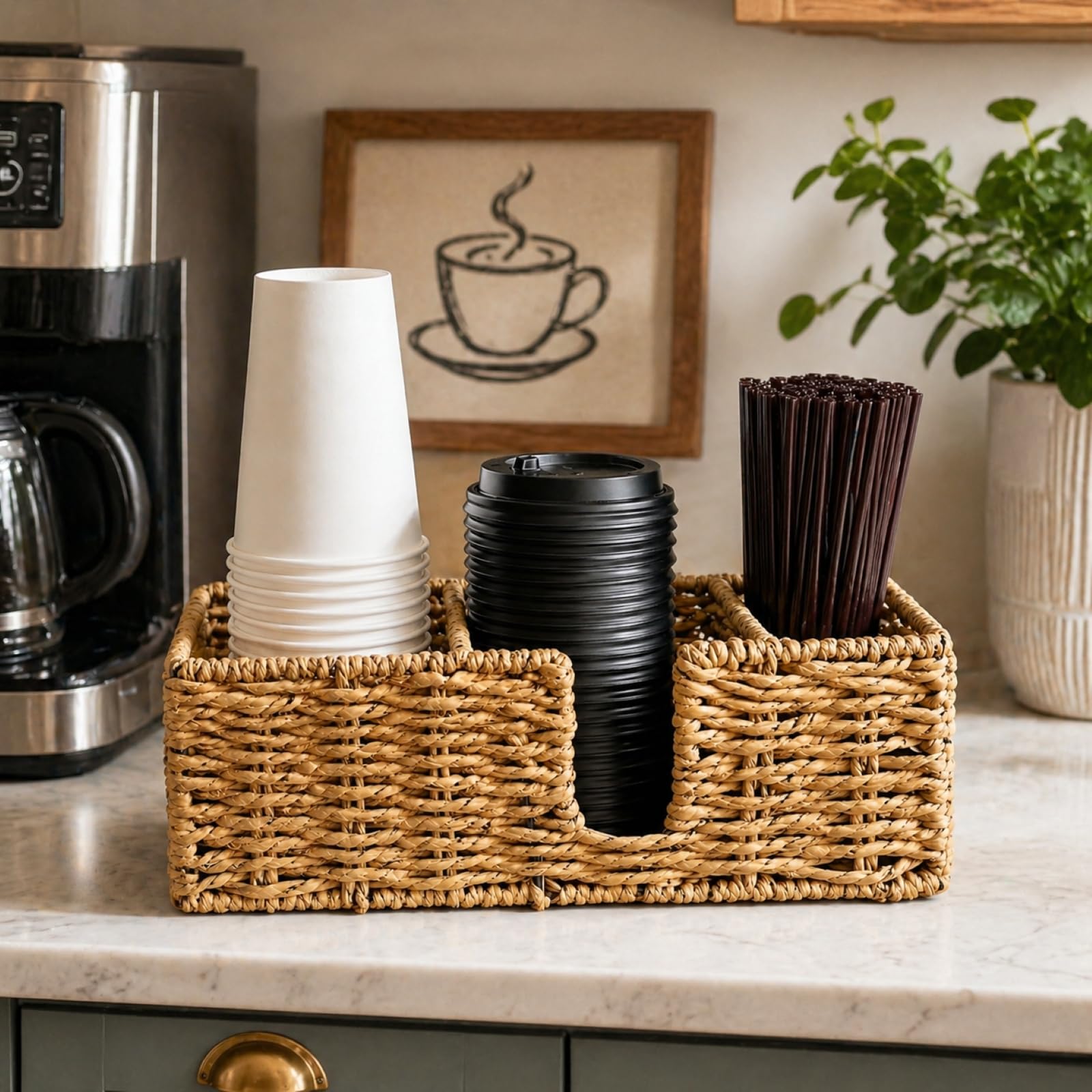 Portabicchieri da caffè e paglia, cestino da appoggio in tessuto a 3 scomparti con manici laterali, tazza e coperchio per bicchieri di carta, agitatori, accessori per bar, casa e ufficio