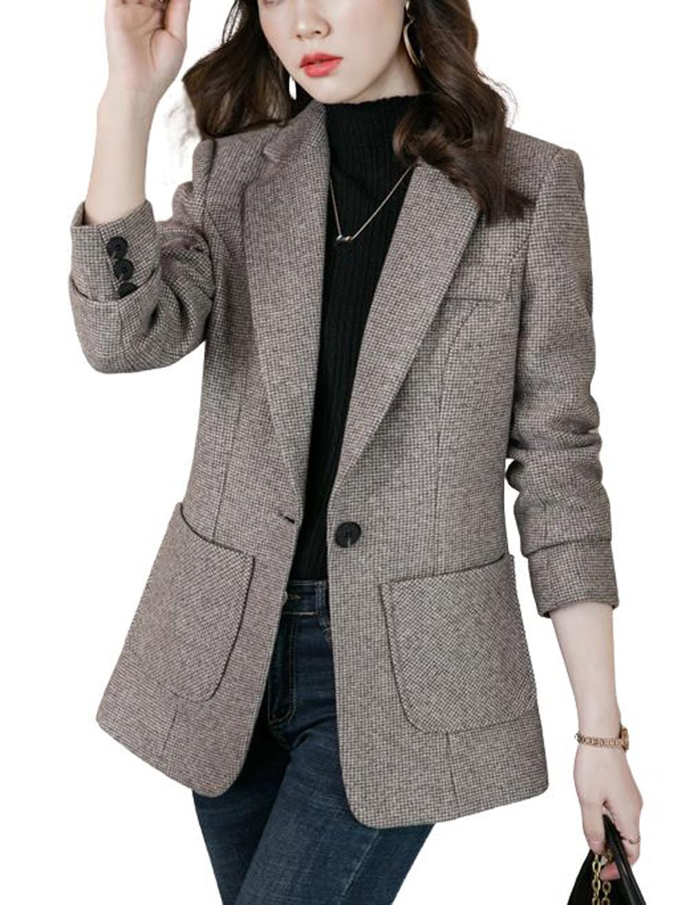 CHARTOU Womens Winter Thicken Office Plaid Wool Blend 1 Button Tailored Suit Blazer Jacket
