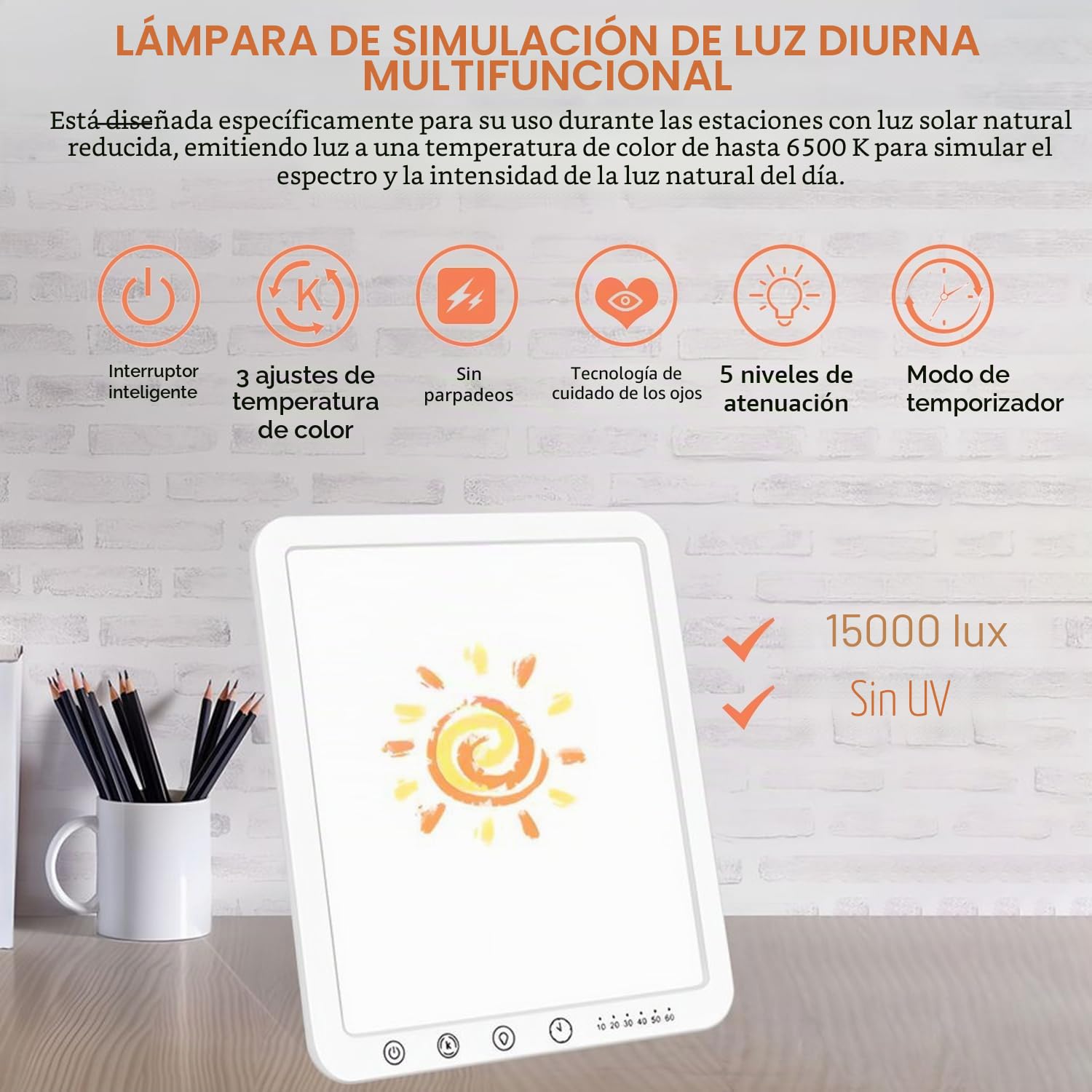 Lámpara de Luminoterapia, 15000lux Lámpara de Luz Diurna, Lámparas Fisioterapia de Luz Solar, Portable Light Fototerapéutica Sin UV con 6 Temporizador 3 Temperaturas de Color, para Oficinas y Hogares