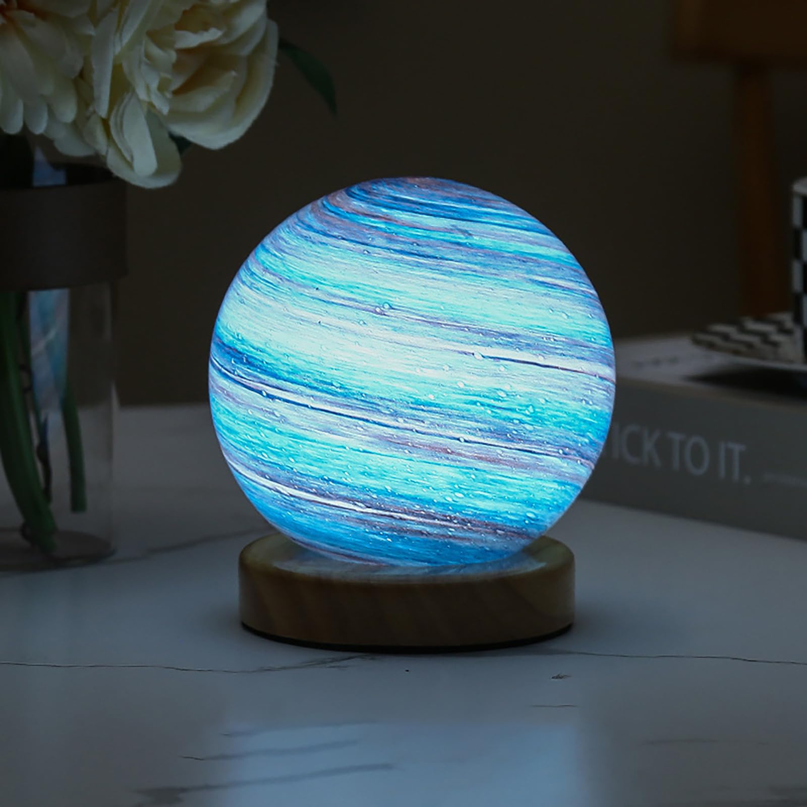 Neon Planet Galaxy Light 12cm 3-Color LED Glass Globe on Wooden Integrated Base USB Desktop Night Light for Room Decor Cool Aesthetic Bedside Lamp（12cm/4.72in)
