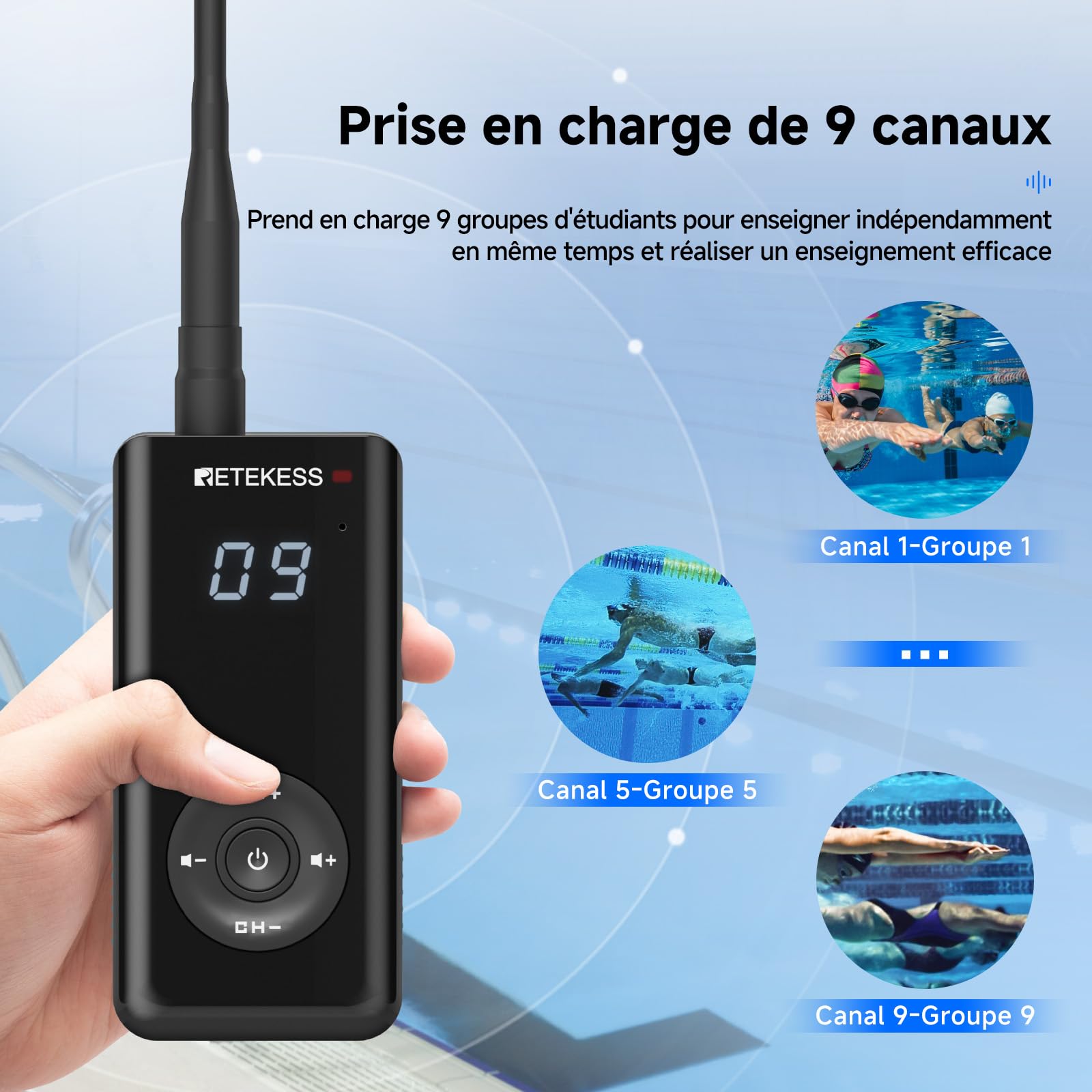 Retekess TT120 Comunicador Submarino,Auriculares de Natación de Conducción Ósea,IP68 Resistente Agua,Sistema de Comunicaciones para Entrenamiento Club de Natación,Coaching (1 Transmisor 2 Receptores)
