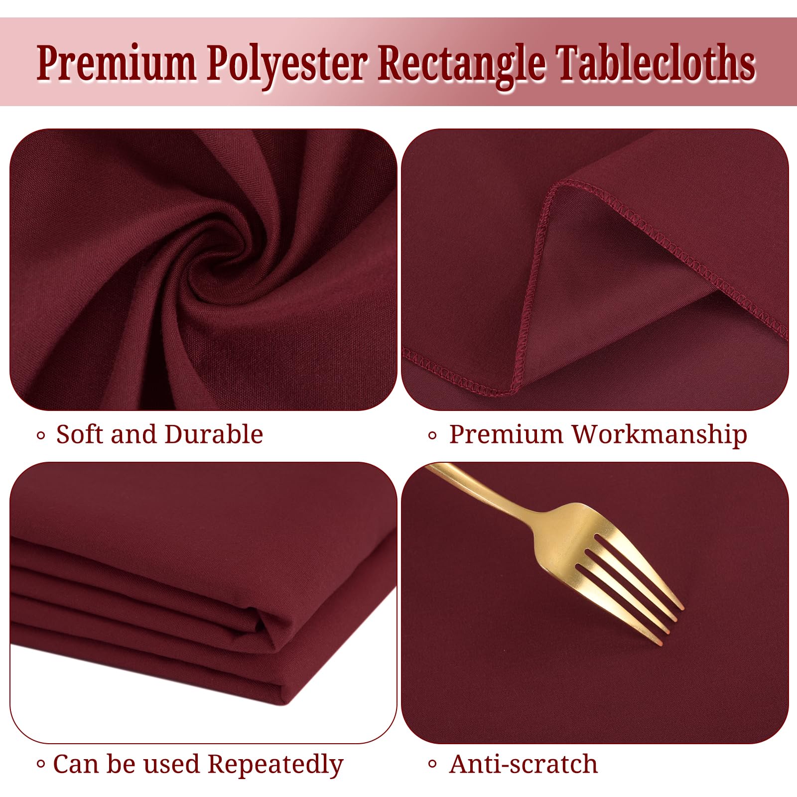 Pesonlook 2Pack Burgundy Tablecloths for 6 ft Rectangle Tables 60 x 102 Inch Rectangle Table Cloth Polyester Fabric Washable Table Cloth for Wedding Reception Banquet Party Restaurant - Image 3