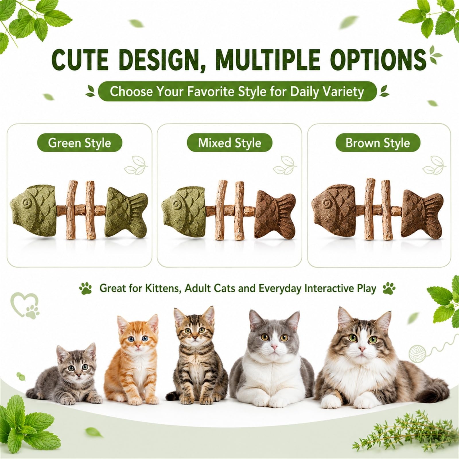Genérico Fish Bone Cat Chew Toy, Catnip Silvervine Stick, Wooden Fishbone Bite Toy for Indoor Play and Daily Fun (A+B+C)