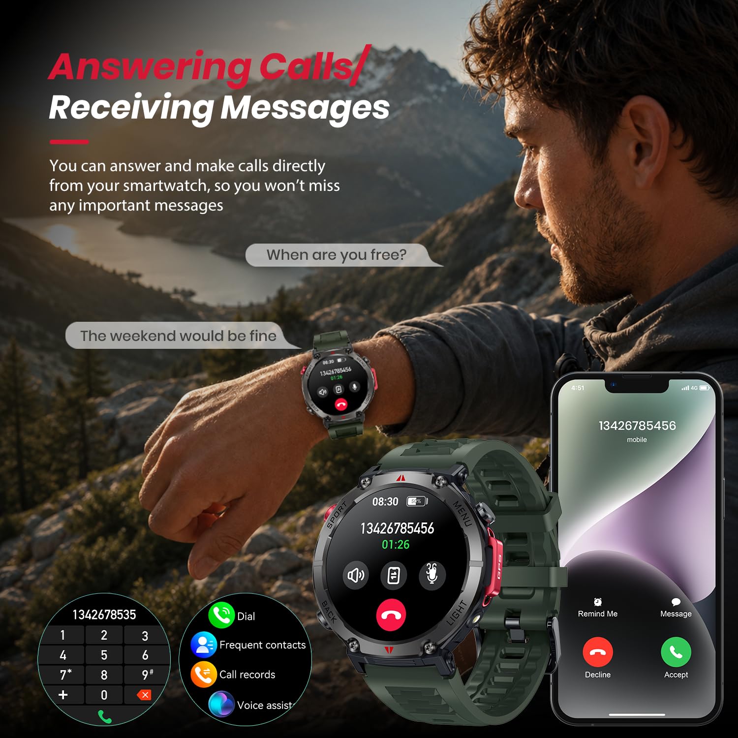Orologio Smartwatch Uomo con GPS Sport: 1.46" Rotondo Orologi Intelligente con Chiamate Bluetooth Fitness Smart Watch LED Flashlight Monitoraggio Sonno IP68 Impermeabile Compatibile con iOS Android