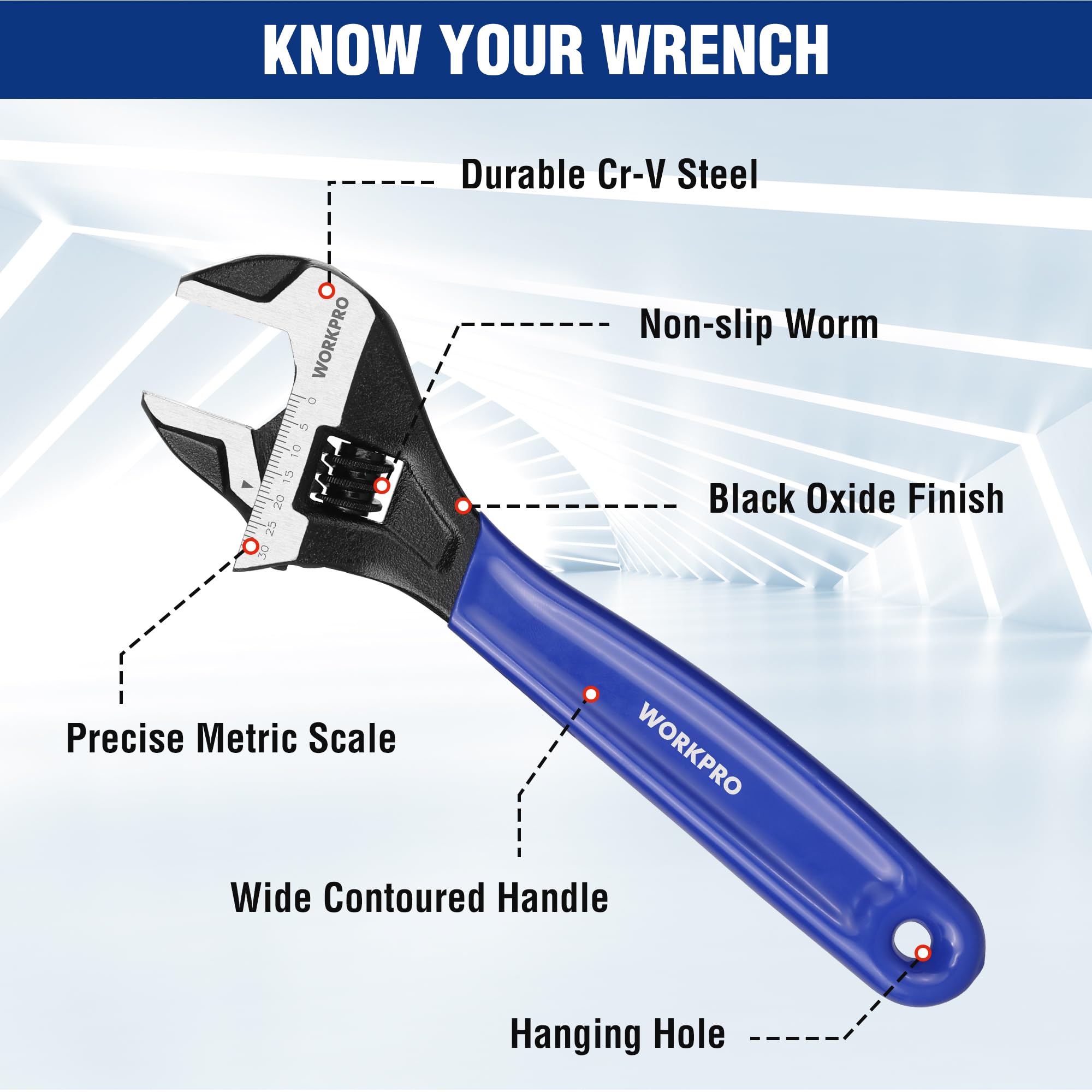 WORKPRO 200 mm Wide Mouth Adjustable Wrench, Metric Adjustable Spanner with Bi-Material Soft Grip, Blue - Image 2