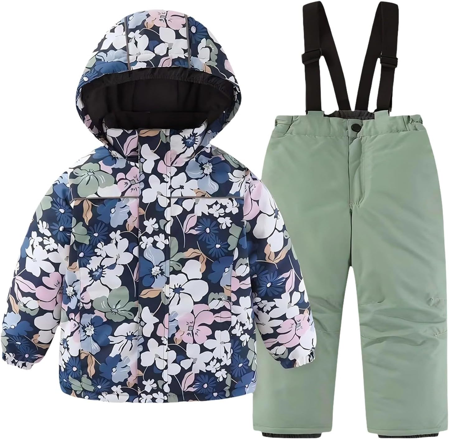 Girls 2-Piece Snow Suit Waterproof Snowboard Thick Padded Winter Jacket Bib Pants Set Kids Windproof Insulated Ski Suit