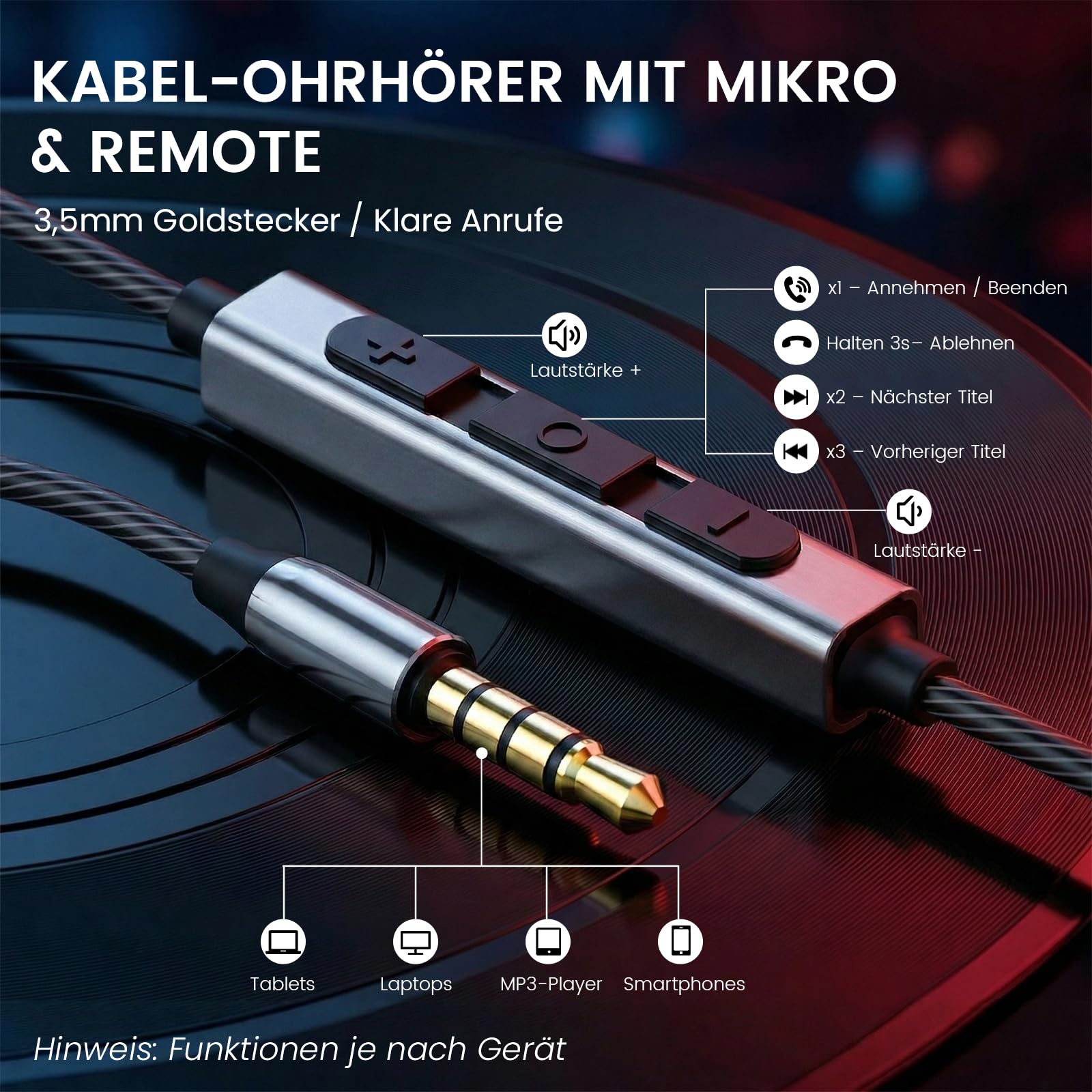 HIFI WALKER HiFi In-Ear Kopfhörer mit Mikrofon, 3,5 mm Kabelkopfhörer mit In-Line-Steuerung, 9,2 mm Dynamiktreiber, Aluminium-Gehäuse für Smartphone, Laptop, PC und Tablet