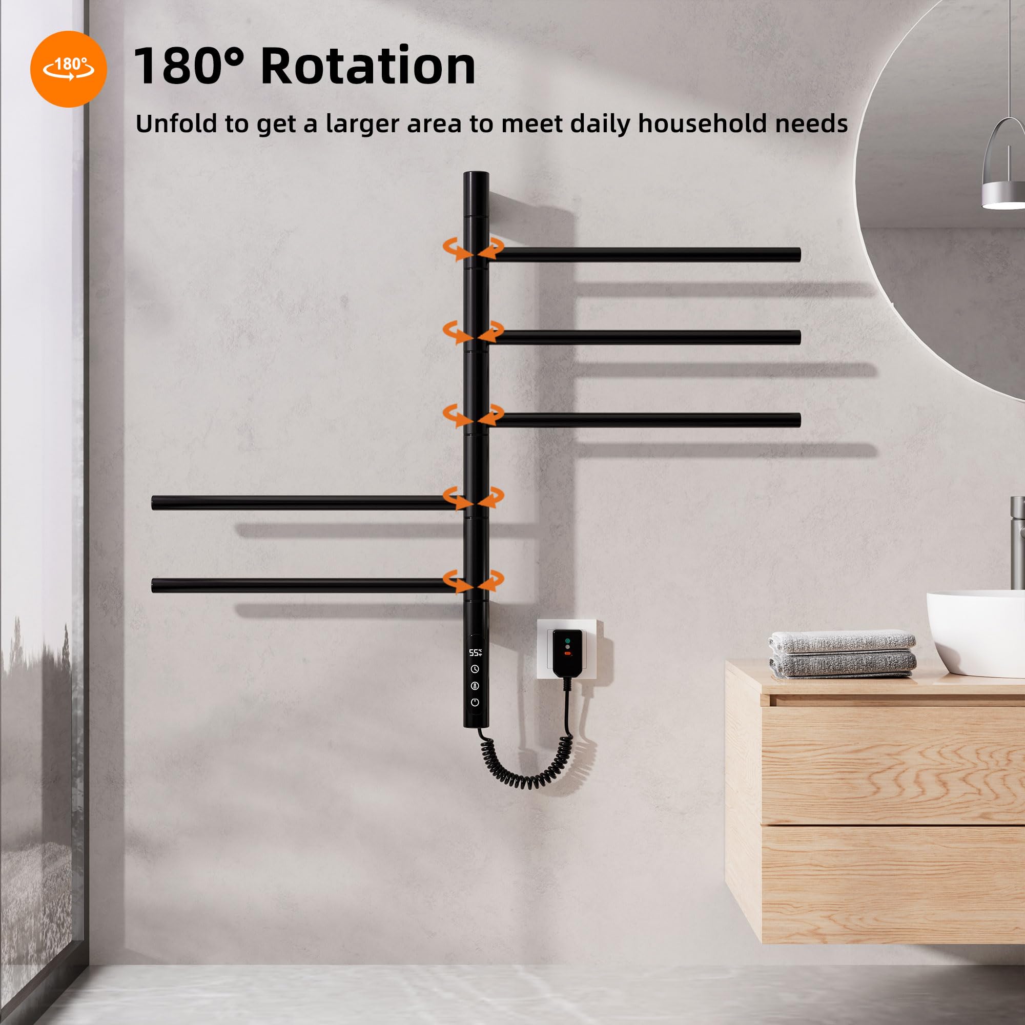 Radiador Toallero Eléctrico para Baño, Rotación de 180° Secatoallas eléctrico, 415 x 680mm, 85W, WiFi Negro Toallero Electrico Baño, Calentador Toallas, Secatoallas, Ahorro de energía-G63 WiFi Black