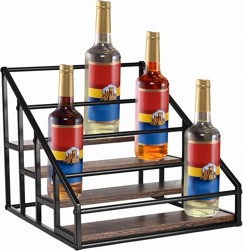 YQBRAO 4-Tier Coffee Syrup Organizer, 16-Bottle Rack, Rustic Brown
