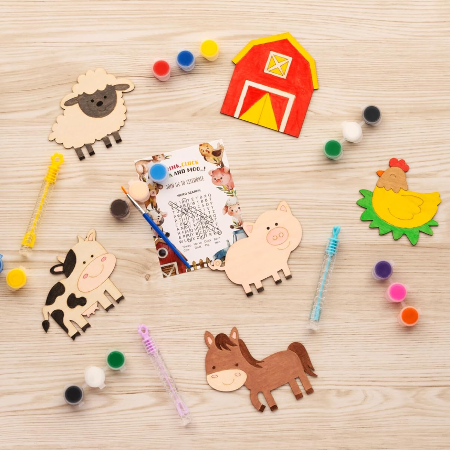 GEECOZYLIFE Farm Party Favors - 12 PCS Farm Animals with Art Supplies - Farm Barnyard Wooden Painting Kit with Bubble Wands - Kids Birthday Boys Girls Gifts Bulk - Image 2