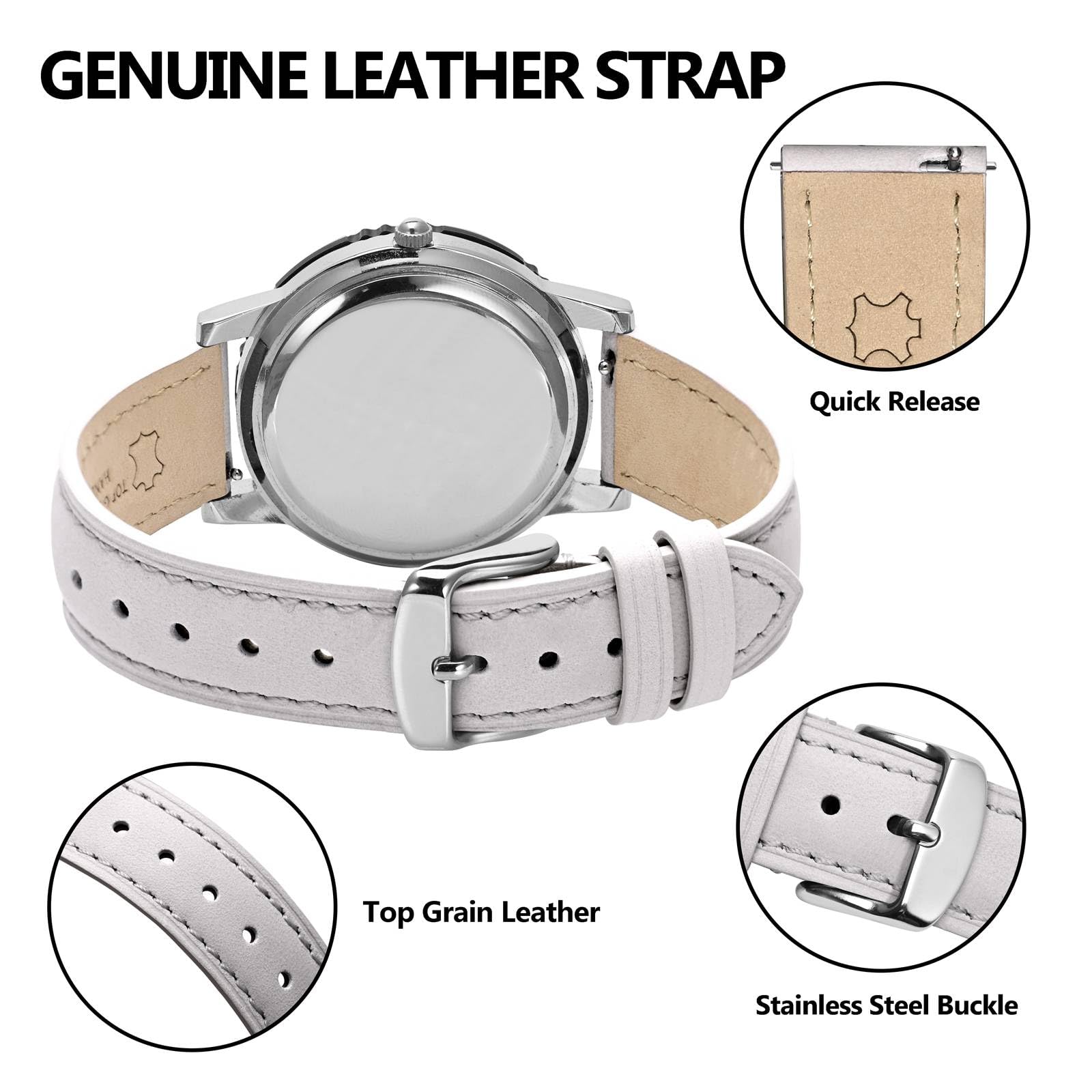 BISONSTRAP Elegancki skórzany pasek do zegarka z systemem szybkiego zapinania, dla kobiet i mężczyzn, dopasowany do uchwytów zegarków o szerokości 12 mm, 14 mm, 15 mm, 16 mm, 17 mm, 18 mm i 20 mm