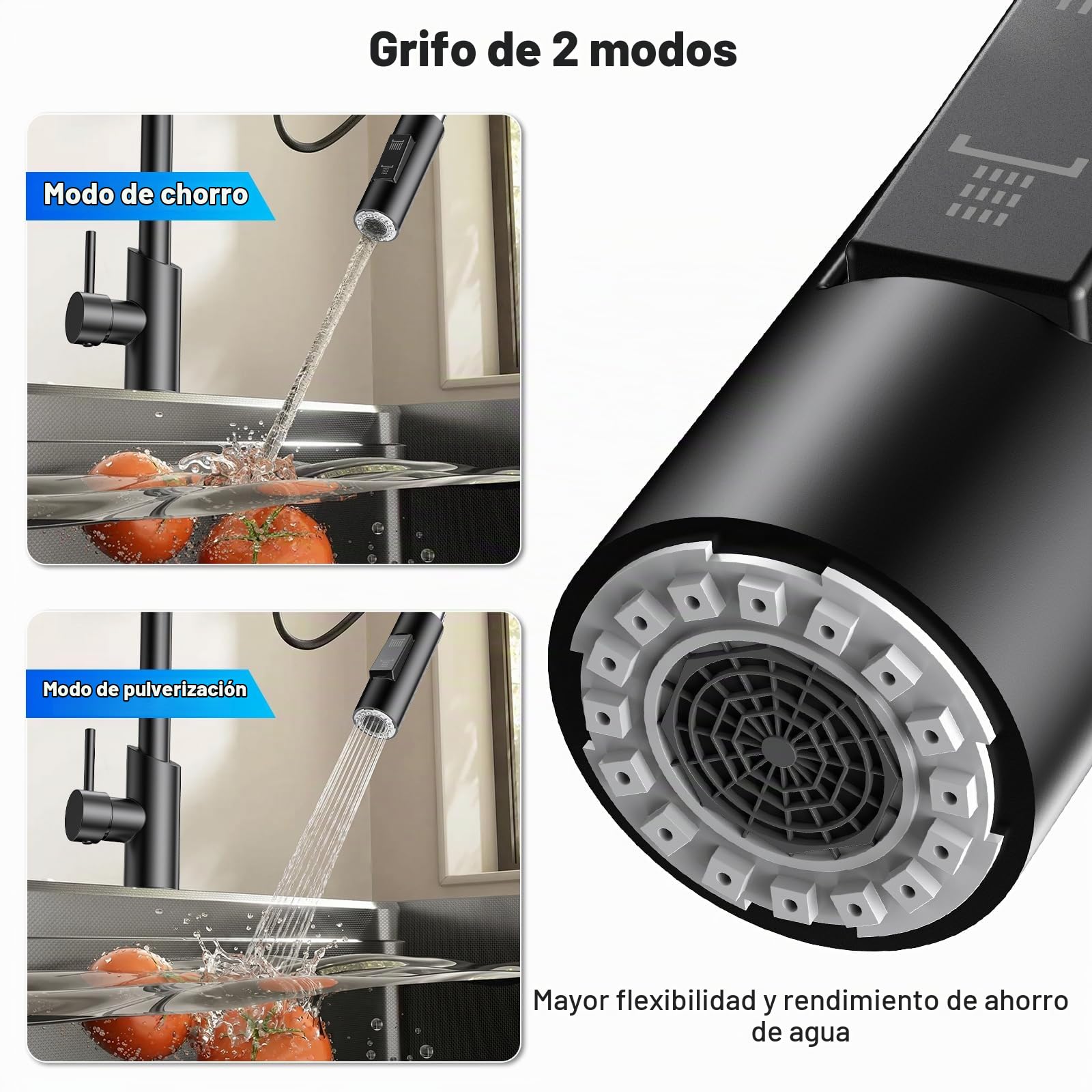 Grifo Cocina Extraible, Grifo Cocina Fregadero 360° Giratorio Con Dos Modos De Salida De Agua Grifo De Cocina,Grifo Monomando Cocina Mezclador De Arco Alto Acero Inoxidable 304 Cepillado (Negro)