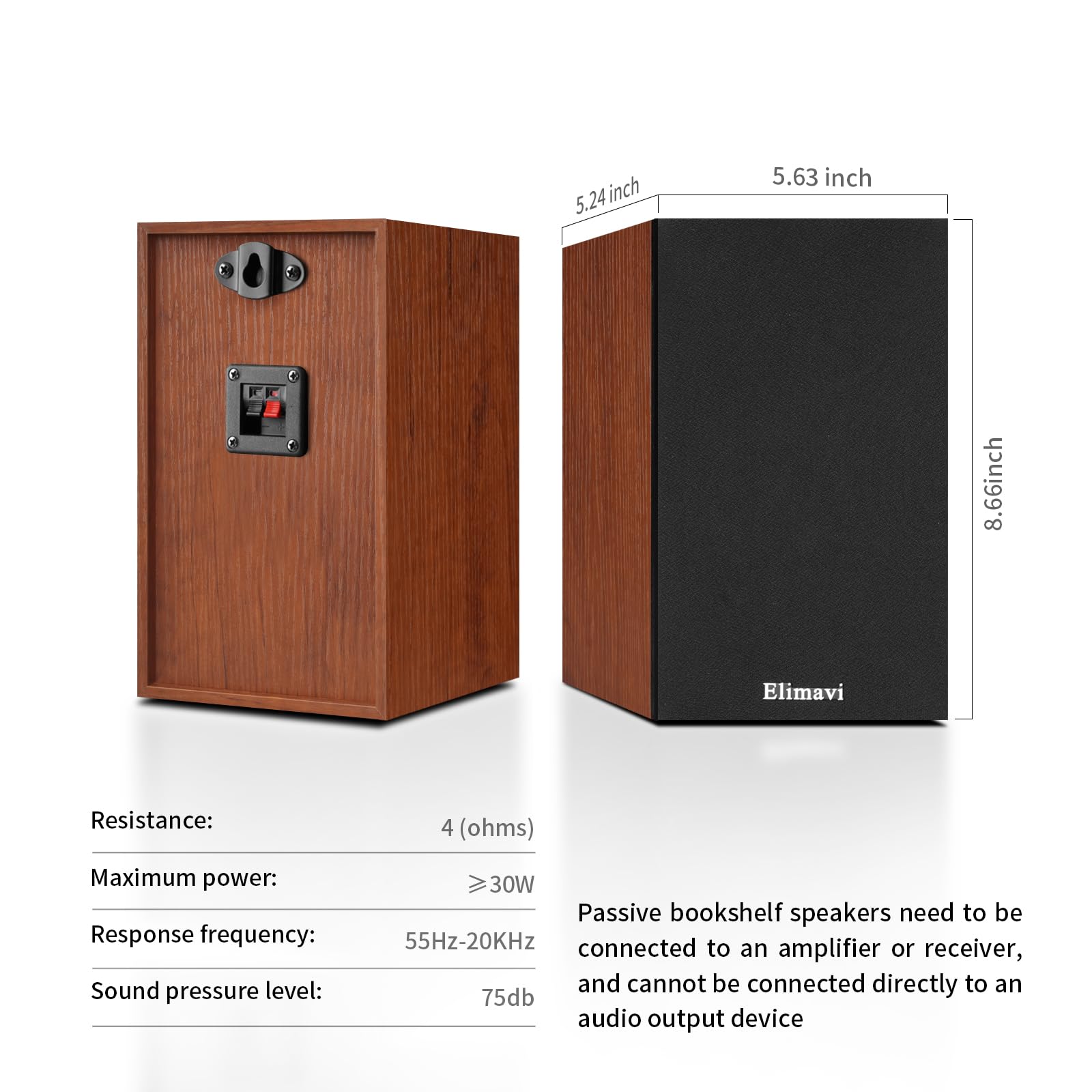 Elimavi Passive Bücherregal-Lautsprecher, 2-Wege-Design mit 10,2 cm Tieftöner und 2,5 cm Seidenhorn-Hochtöner, 60 Hz Bass, ideal für Zuhause, Büro und Theater, Braun (benötigt Verstärker oder