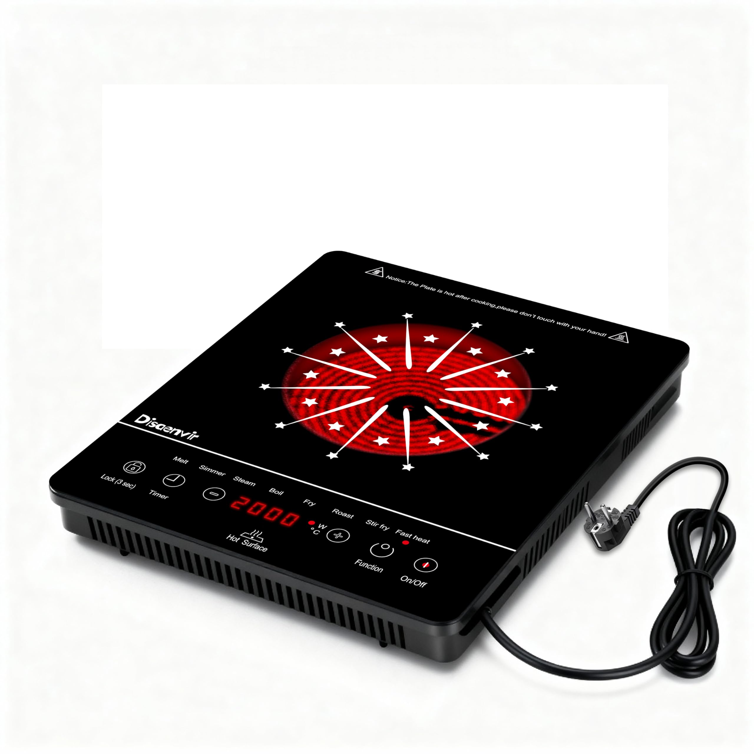 Glaskeramikkochfeld 1 Platte mit Stecker Disaenvir, Glaskochplatte Tragbar Kochfeld, 8 Kochfunktionen, Herdplatte mit Timer Kindersicherung, Leicht zu lagern, 30 cm, 220-240 V, 2000 W.