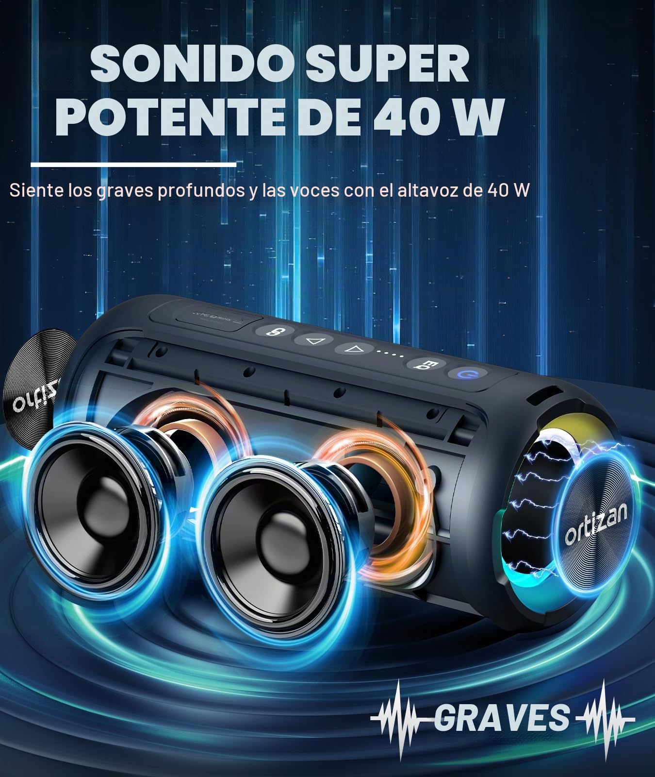 Ortizan 40W Altavoz Bluetooth Potente, 30h De Autonomía, Coluna Bluetooth Portátil, Luces LED, Estéreo, Resistencia al Agua IPX7, Graves Profundos, Compatible con Tarjeta TF y Entrada AUX