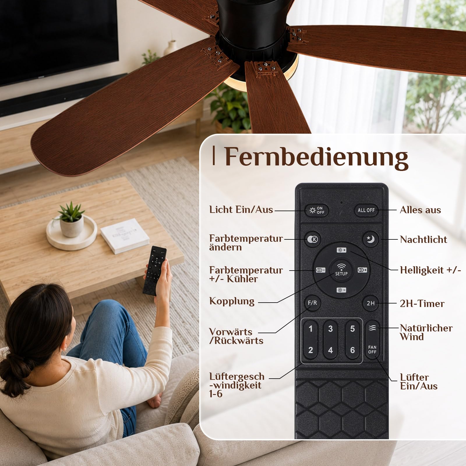 Deckenventilator mit Beleuchtung & Fernbedienung, App-Steuerung 107 cm Deckenventilator Leise mit DC Motor, Dimmbare LED in 3 Farben, 6 Geschwindigkeiten, Reversibel für Schlafzimmer & Wohnzimmer