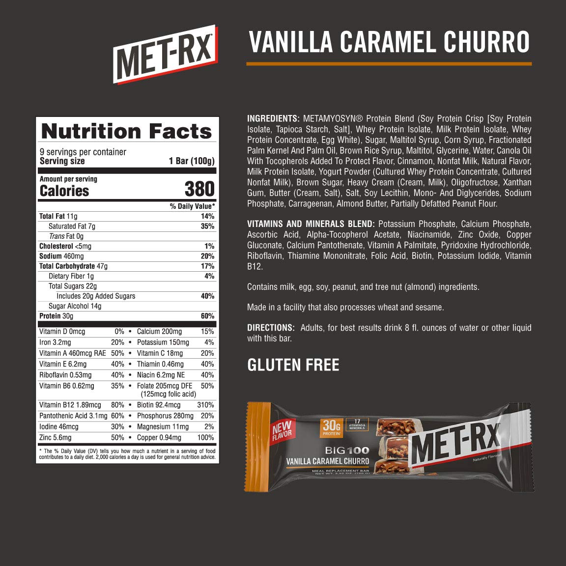 MET-Rx Big 100 Colossal Protein Bars, Vanilla Caramel Churro Meal Replacement Bars, Brown, 9 Count (Pack of 2) image 2