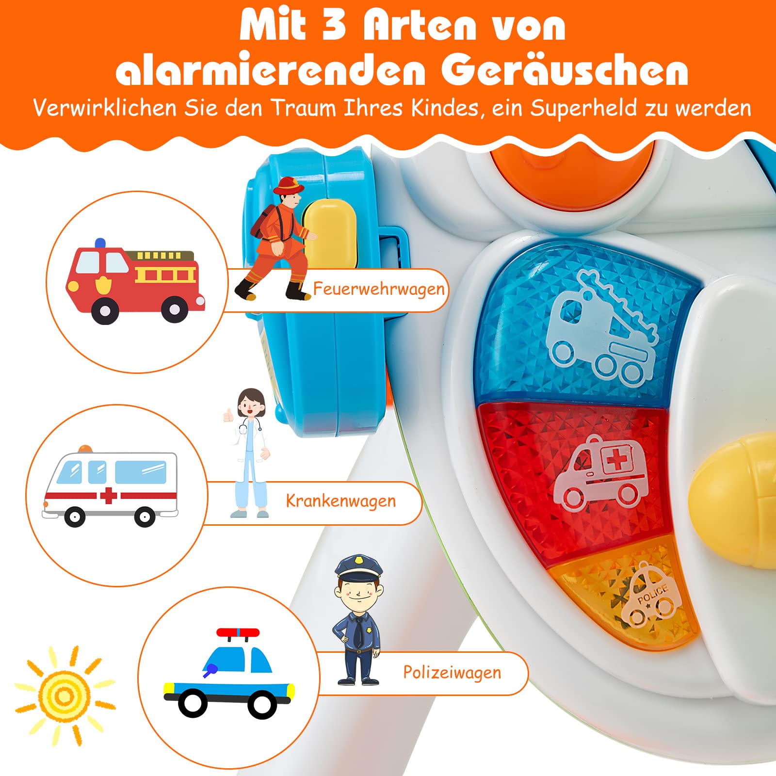 DREAMADE Musikspielzeug zum Cockpit-Thema, Spielzeug Kinder ab 3 Jahre, Lenkrad-Spielzeug mit zyklischer Drehszene, Musik, Sirenengeräuschen & Lichtern