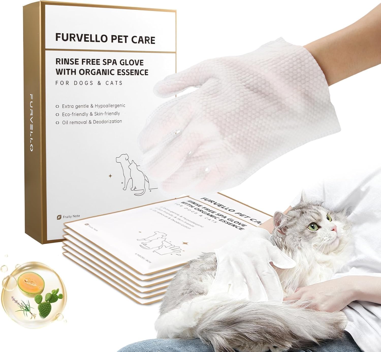 4 in 1 Pet Glove Wipes for Dogs & Cats, 7 Plant Extracts, Hypoallergenic Pet Cleaning Wipes, Dog Washing Gloves Extra Thick, Lick-Safe, Rinse Free for Grooming and Travel, 6PCS