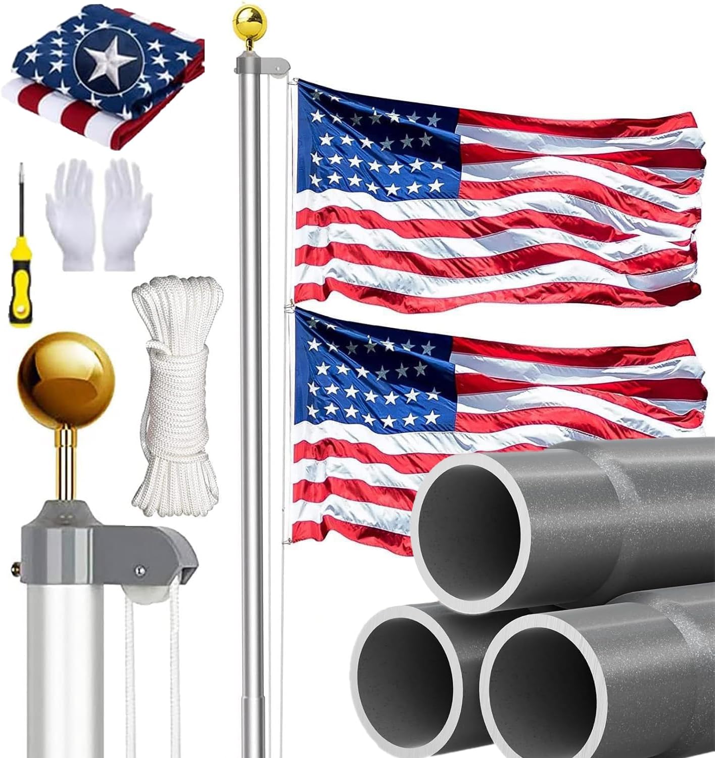 20Ft Flag Pole for Outside House with 3x5 American Flag Embroidered Stars,12 Gauge Heavy Duty Extra Thick Aluminum Flagpole Kit for Outside House In Ground, Residential Commercial Outdoor Garden Yard