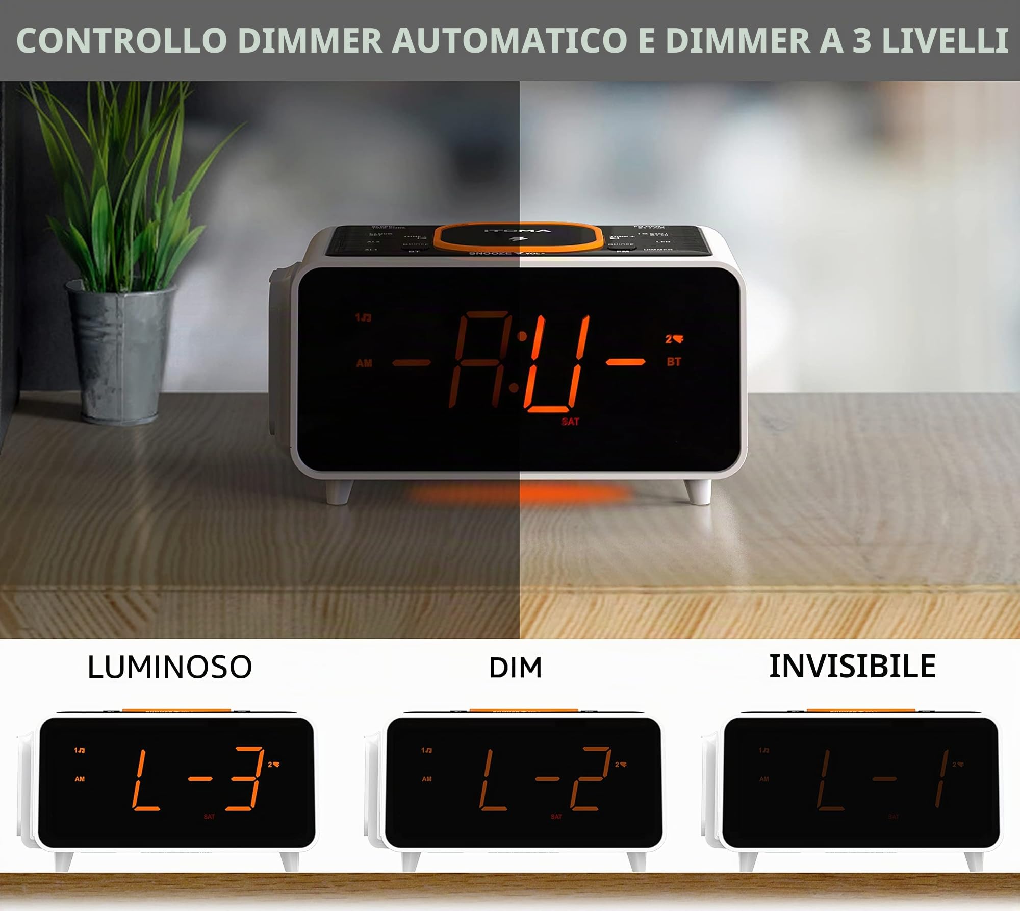 Radiosveglia, Caricabatterie Wireless Bluetooth 15 Watt, Porta USB, Doppia Sveglia Dock di Ricarica, Snooze, Sveglia Digitale Dimmerabile, Display da 1,4 Pollici Luce Notturna Led Arancio iTOMA CKS209