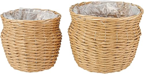 Miniatura 3 de THY COLLECTIBLES Juego de 2 cestas tejidas con forro de plástico y tres patas de madera, 2 cestas de almacenamiento multiusos para plantas, flores,