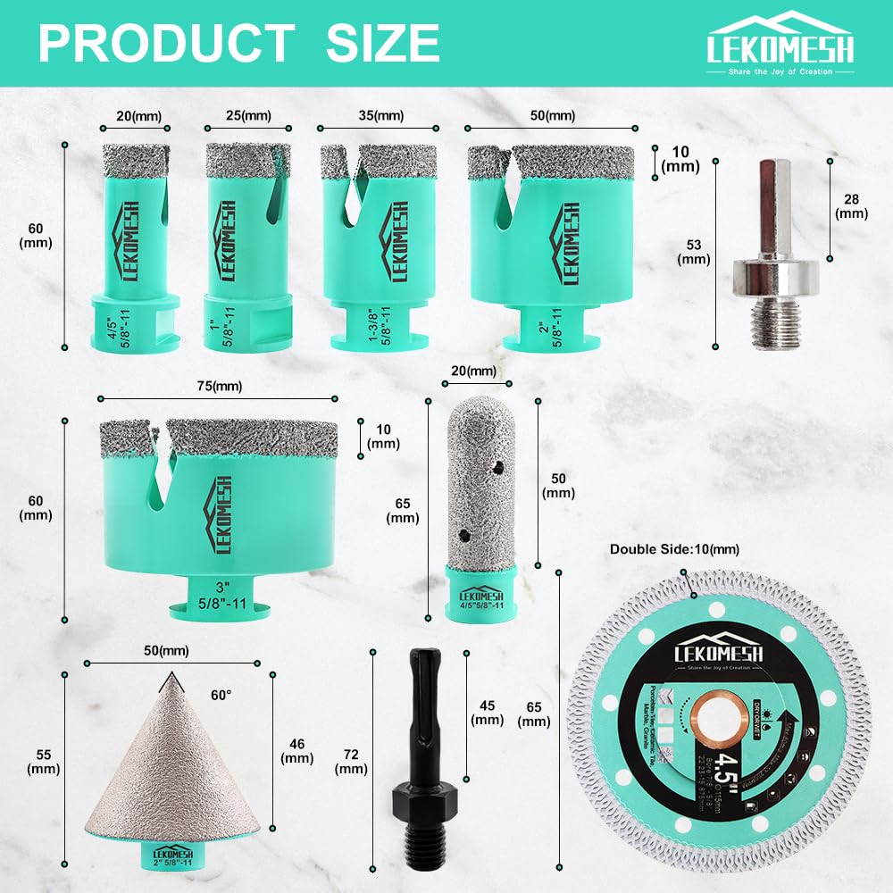 Tile Hole Saw Kit - (20/25/35/50/75mm+20mm Finger Bit+50mm Chamfer Bit+SDS/HEX Adapter) Tile Hole Saw Kit Diamond for Porcelain Ceramic Marble Brick Concrete,5/8"-11 Thread
