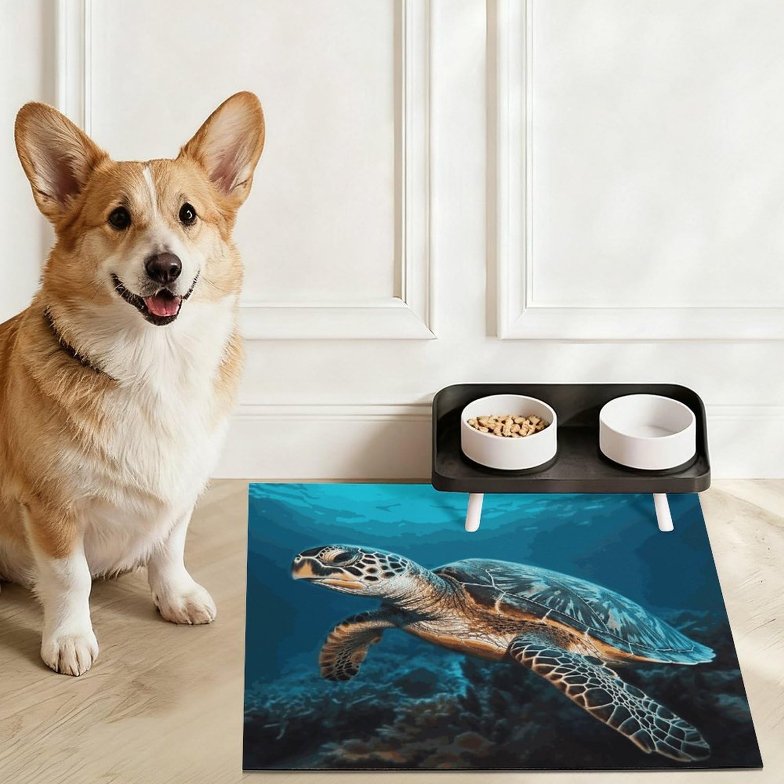 Sea Turtle2 Tapis de nourriture pour chat – Tapis d'alimentation antidérapant pour chien facile à nettoyer pour la nourriture et l'eau, tapis de gamelle pour chien et chat, 61 x 81,3 cm