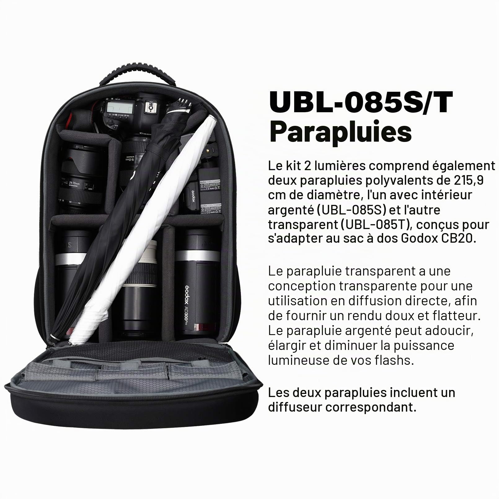 Godox AD300 Pro Kits d'éclairage Studio, AD300Pro Dual Flashes Backpack, 300W Flash de Extérieure 2.4G TTL 1/8000s HSS Speedlite, avec Godox AD-S60S Boîte à Lumière, 320 Flashes à Pleine Puissance