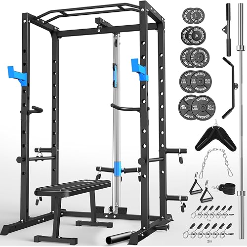 Power Cage, Multi-Functional Power Rack with J-Hooks, Dip Handles, Landmine Attachment and Optional Cable Pulley System for Home Gym