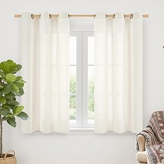 YoungsTex Ivory Linen Semi Sheer Curtains 48 Inch Length 2 Panels Set