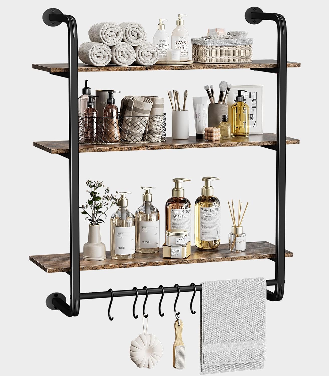 3 Tier Industrial Pipe Shelving, 24" Kitchen Shelves Wall Mounted with 6 Hooks, Coffee Bar Shelves Display Bookshelf Wall Shelf for Bedroom, Bathroom, Home Décor, Rustic Brown