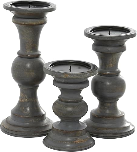 Miniatura 4 de Deco 79 Portavelas decorativo de madera, juego de 3 candelabros de 6 pulgadas, 8 pulgadas, 10 pulgadas de alto, gris oscuro