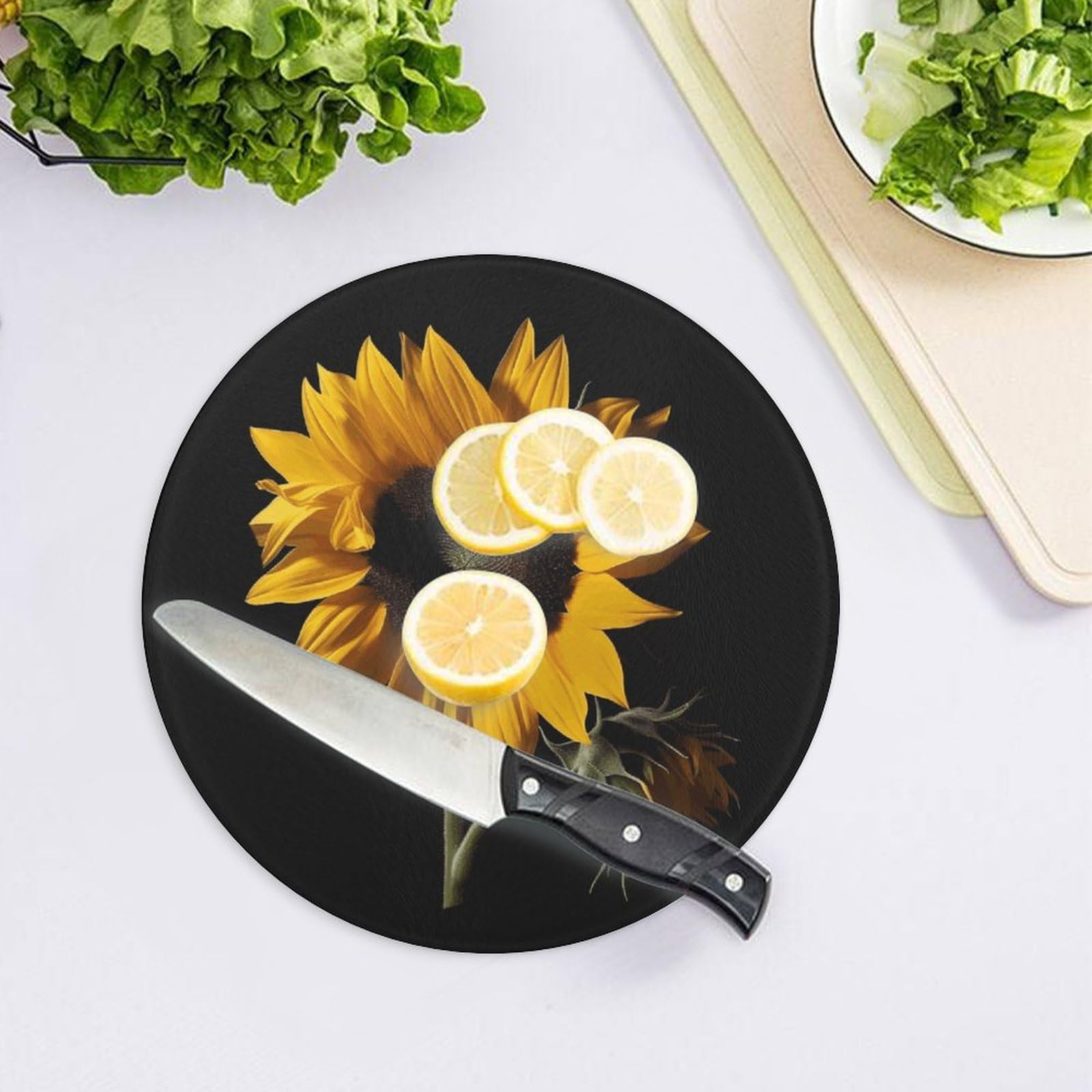 Tabla de cortar redonda con fondo negro de girasol, fácil de limpiar, tablas de cortar para cocina, tamaño grande 7.9, tablas de cortar esenciales de cocina, convenientes para carne y verduras