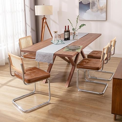 Zesthouse Natural Rattan Dining Chairs Set of 4, Modern Dining Room Chairs with Solid Wood Back for Kitchen Living Room, Mid Century Breuer Design Inspired, Upholstered Faux Leather Brown