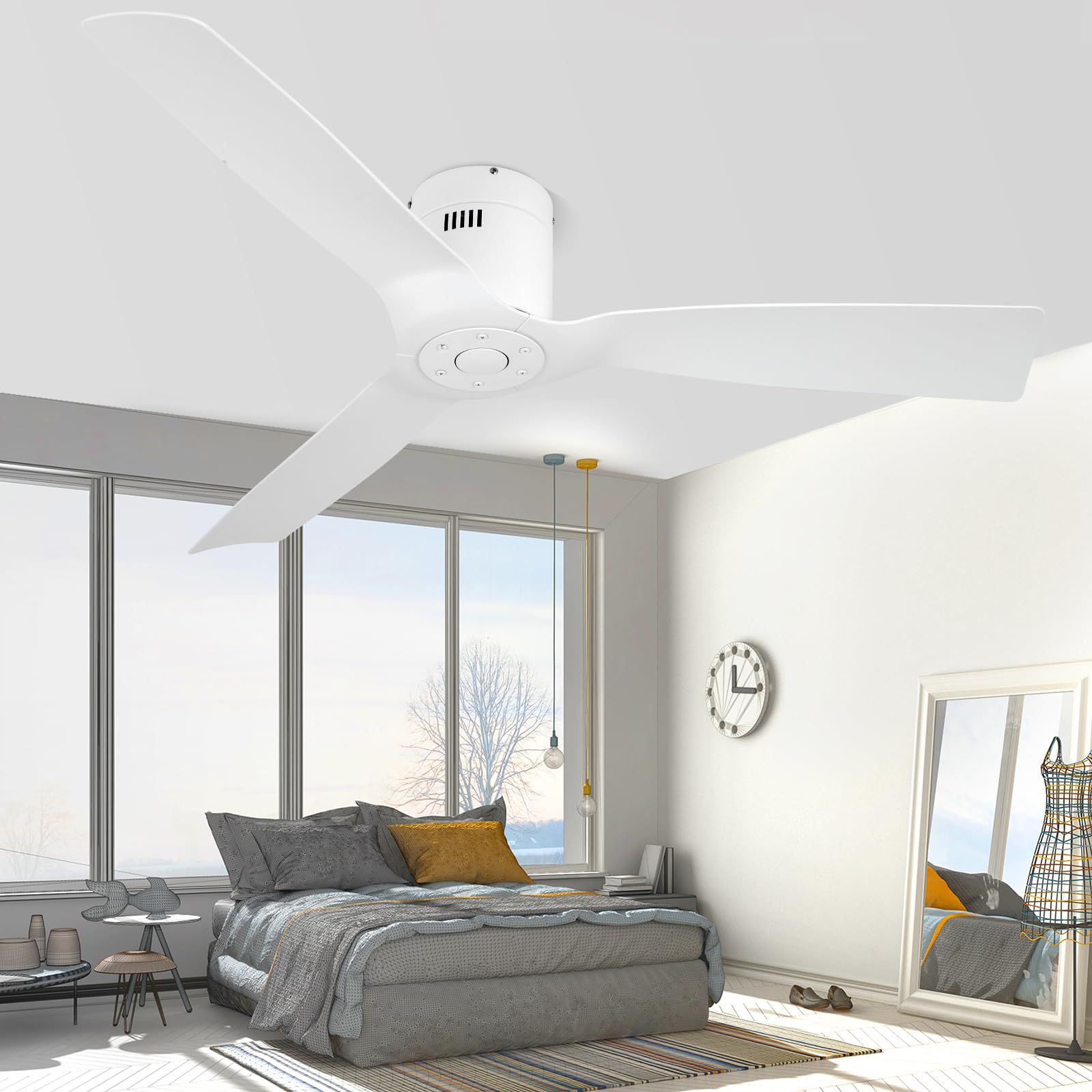Wozzio Ceiling Fan No Light,White Flush Mount Ceiling Fan with Remote,22W Dimmable LED Light,DC Motor,6 Speed,Reversible,Low Profile Ceiling Fan Outdoor Indoor with Memory Function,52 inch